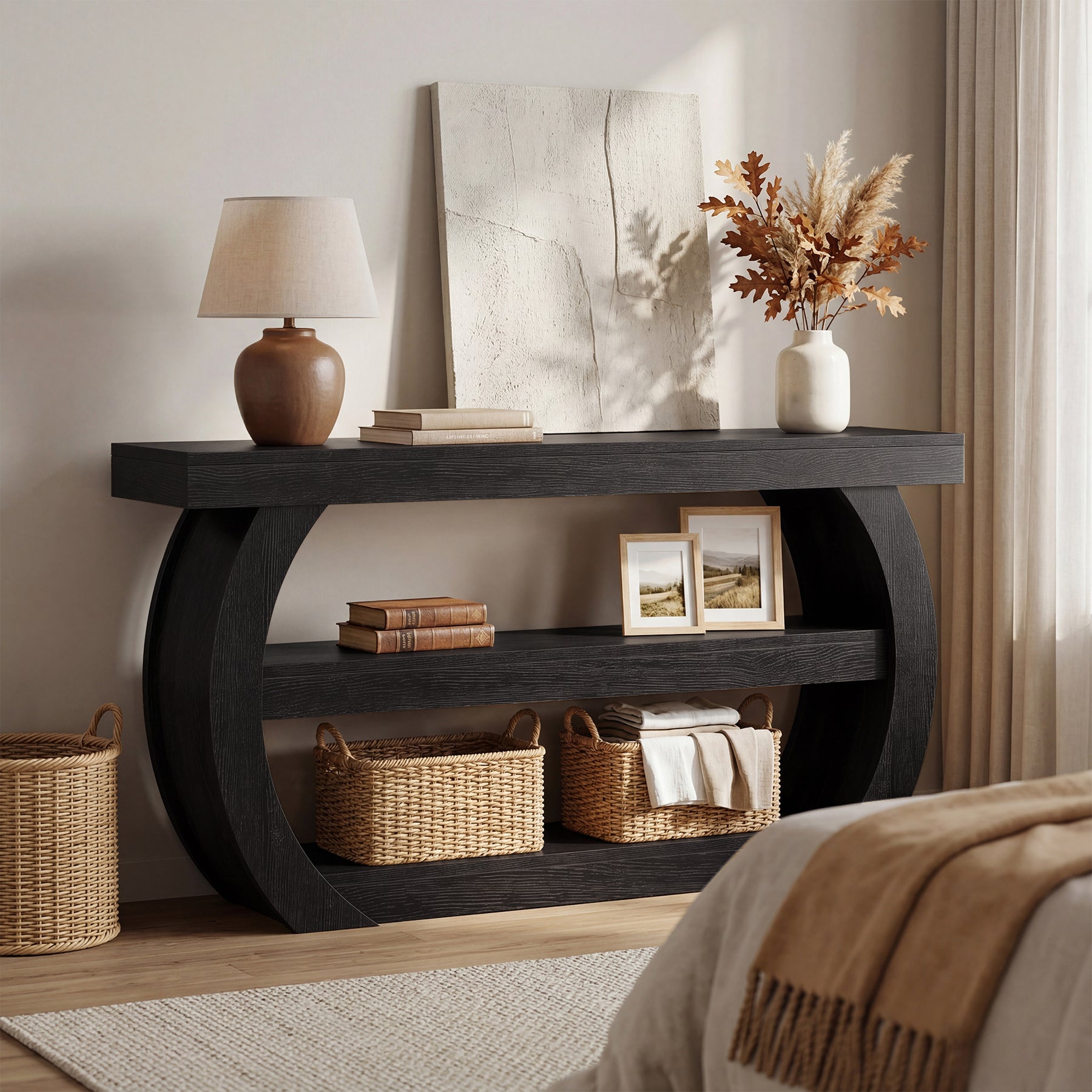 63" Farmhouse Console Table, 3-Tier Wooden Entryway Table Sofa Console