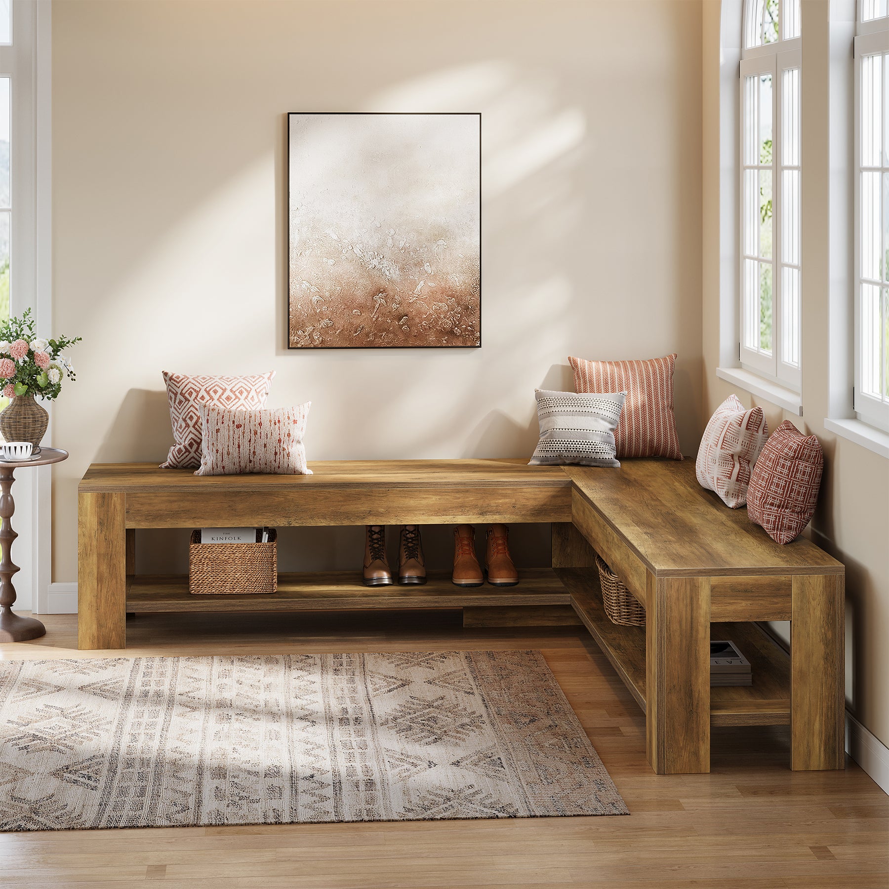 L-Shaped Bench, Corner Dining Nook Bench with Storage Shelf for Kitchen, Living Room