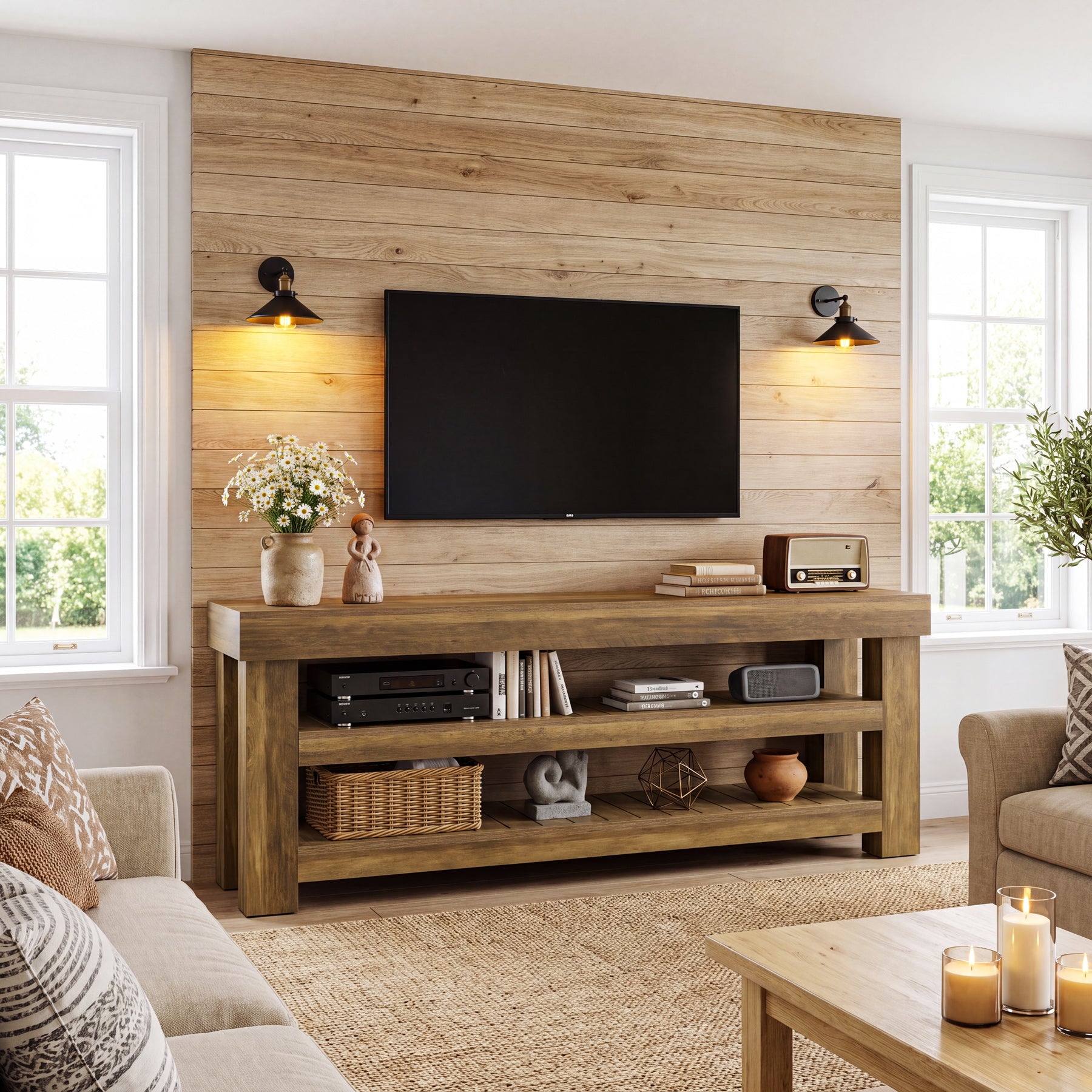 71" TV Stand for 85" TVs, Farmhouse Entertainment Center, 2-Tier Slatted Shelves