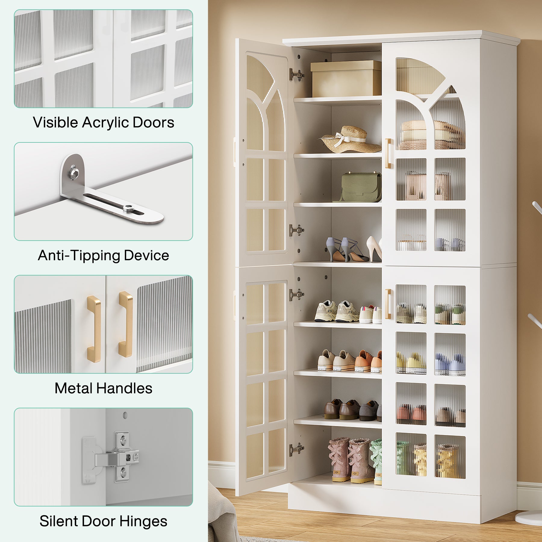 69" Shoe Cabinet, 8-Tier Shoe Rack Organizer with Doors and Led Lights