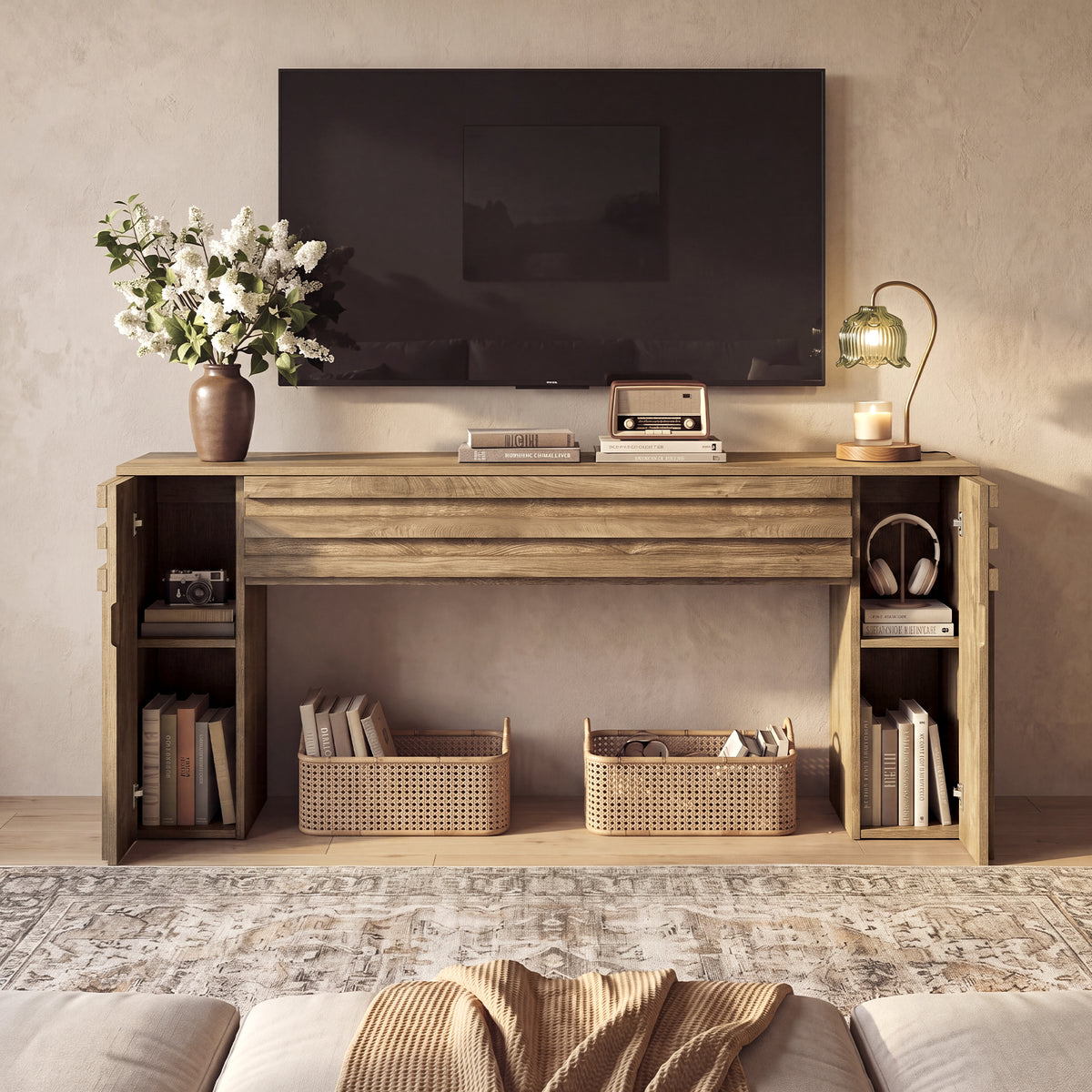 63" TV Stand for TVs Up to 75", Farmhouse TV Console with Hidden Cabinets for Living Room