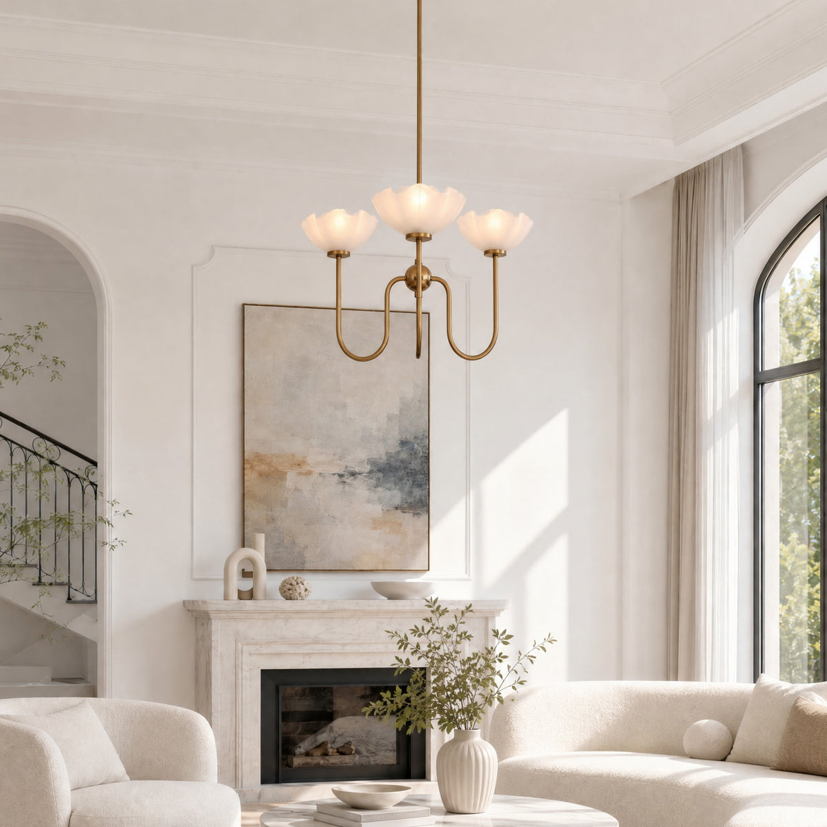 3-Light 20" Gold Floral Glass Chandelier, Modern Pendant Light