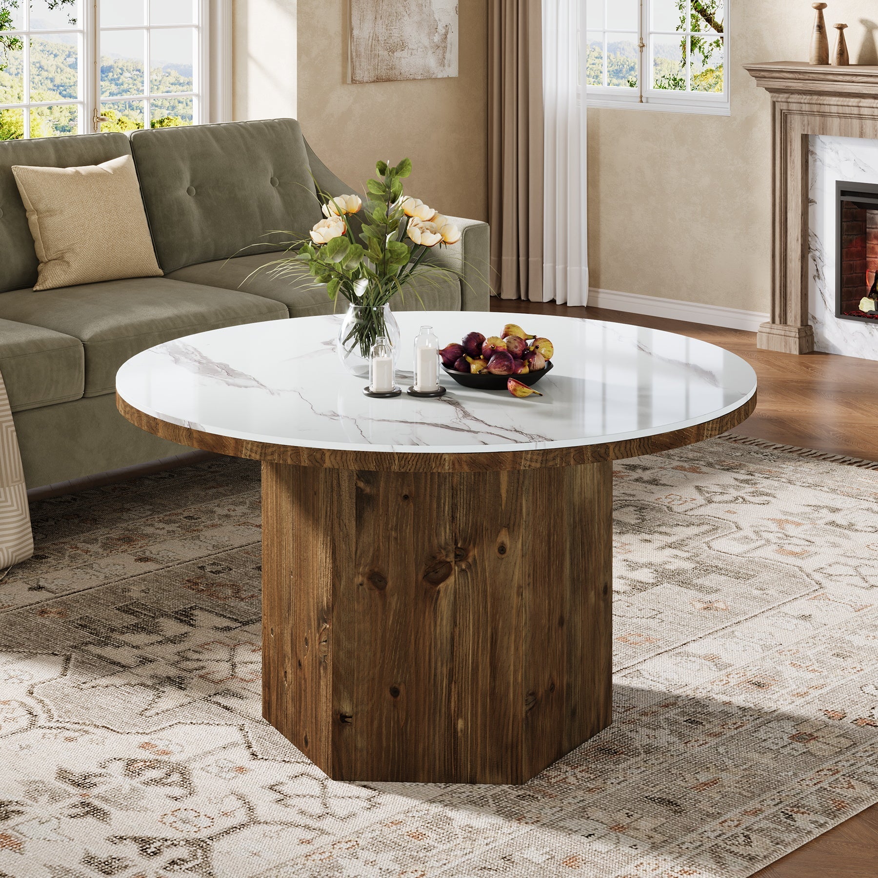 31.5" Round Coffee Table with Sintered Stone Top and Solid Wood Base