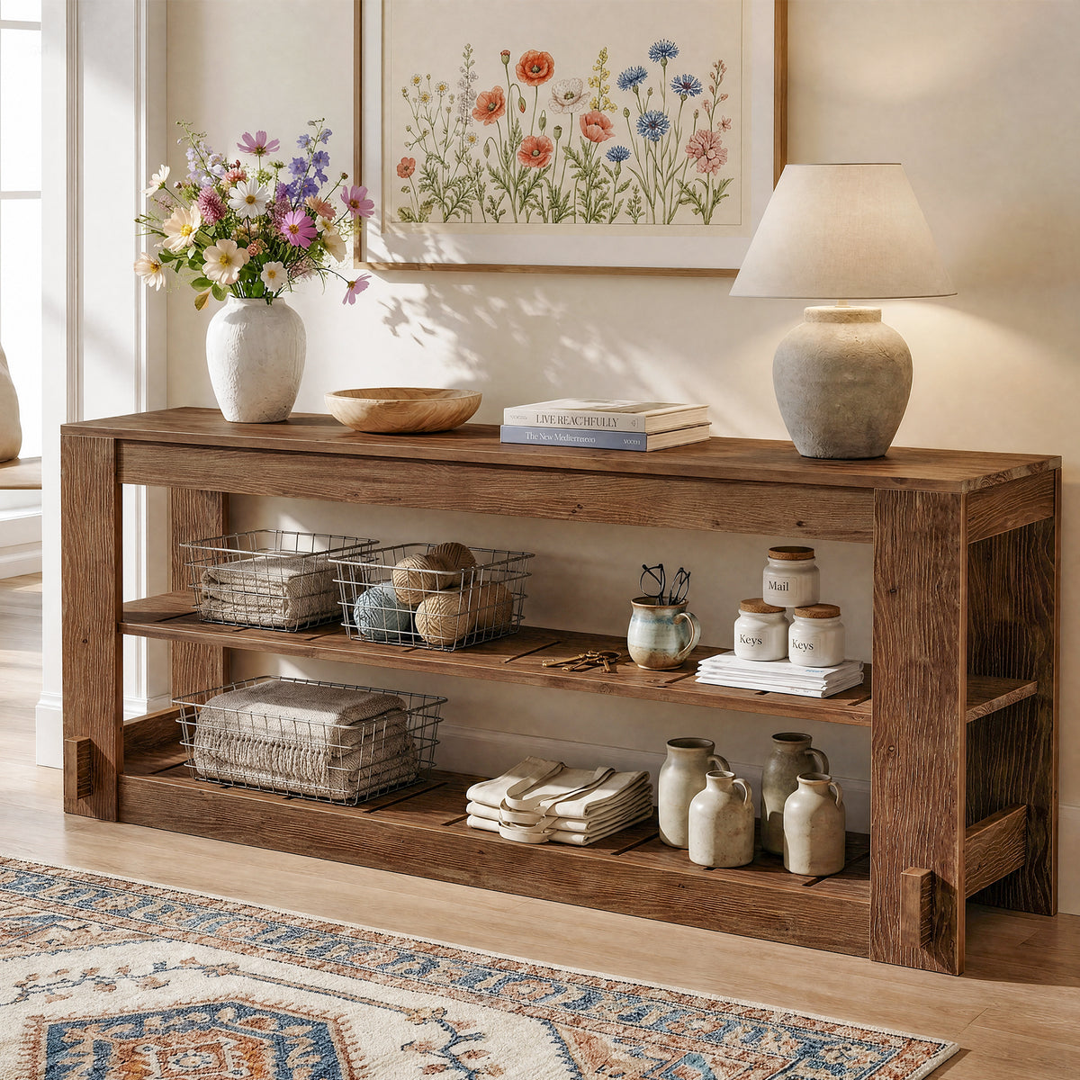 63" Solid Wood Console Table, Farmhouse Sofa Entryway Table with 3-Tier Storage Shelves