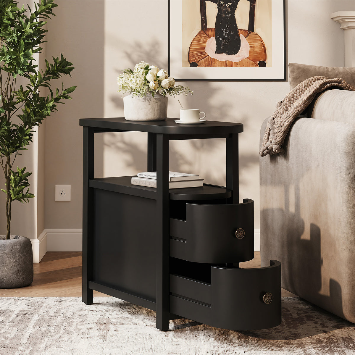 Solid Wood End Table, Slim Side Table with 2 Drawers & Open Shelf