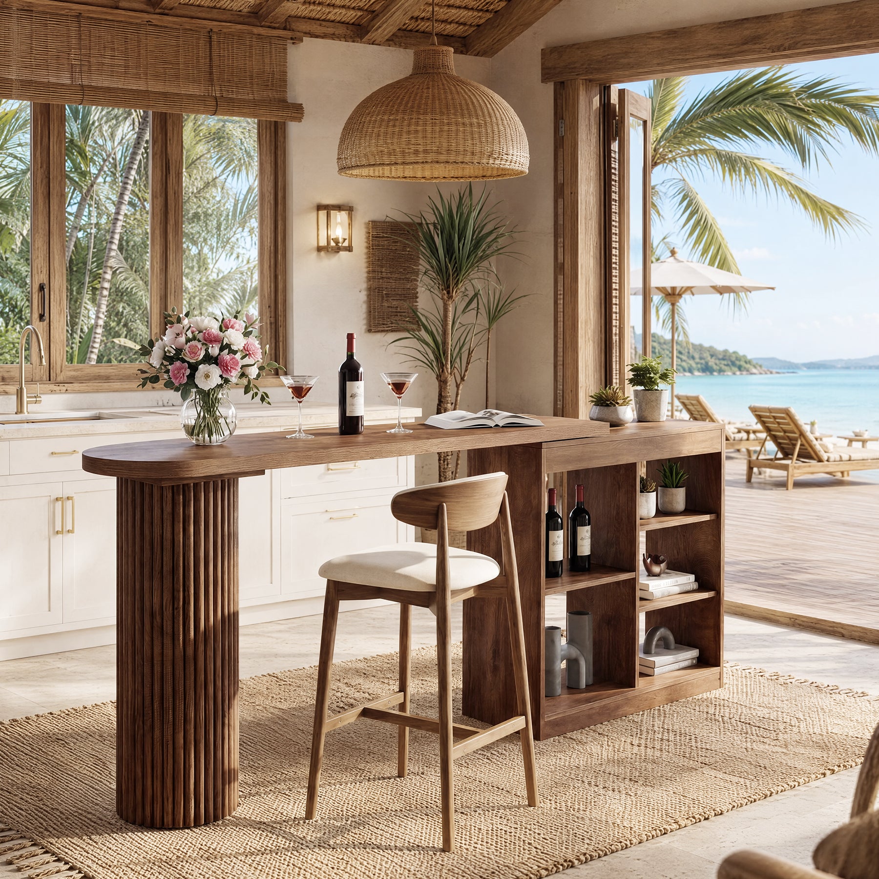 L-Shaped Bar Table with Rotatable Open Storage Shelves, 63" Counter-Height Pub Table for Kitchen