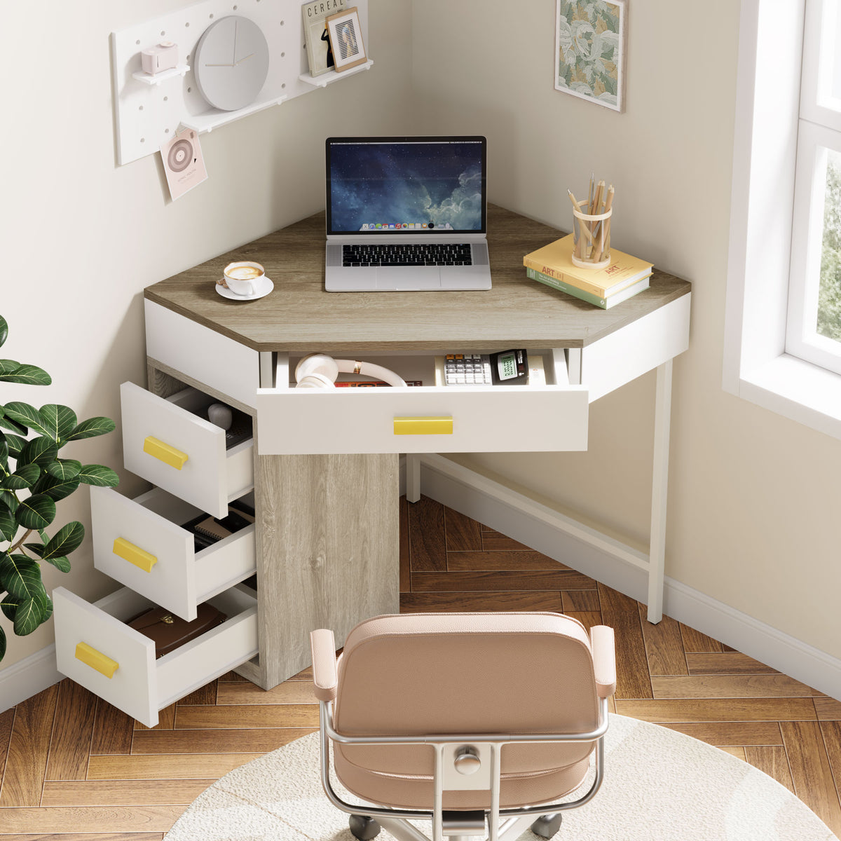 Workdesk Triangle Corner Vanity Desk, 90-Degree Triangle Corner Desk-Tribesigns