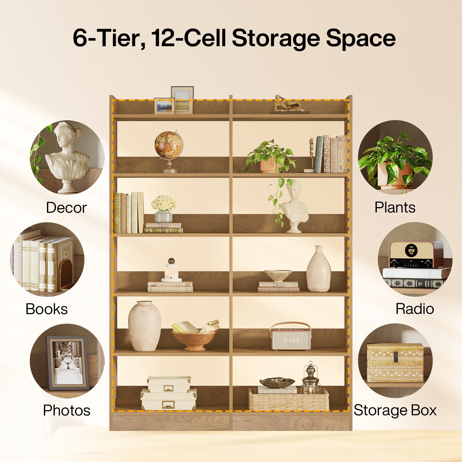 6-Tier Double Wide Bookshelf, 71" Bookcase Display Rack with Open Shelves