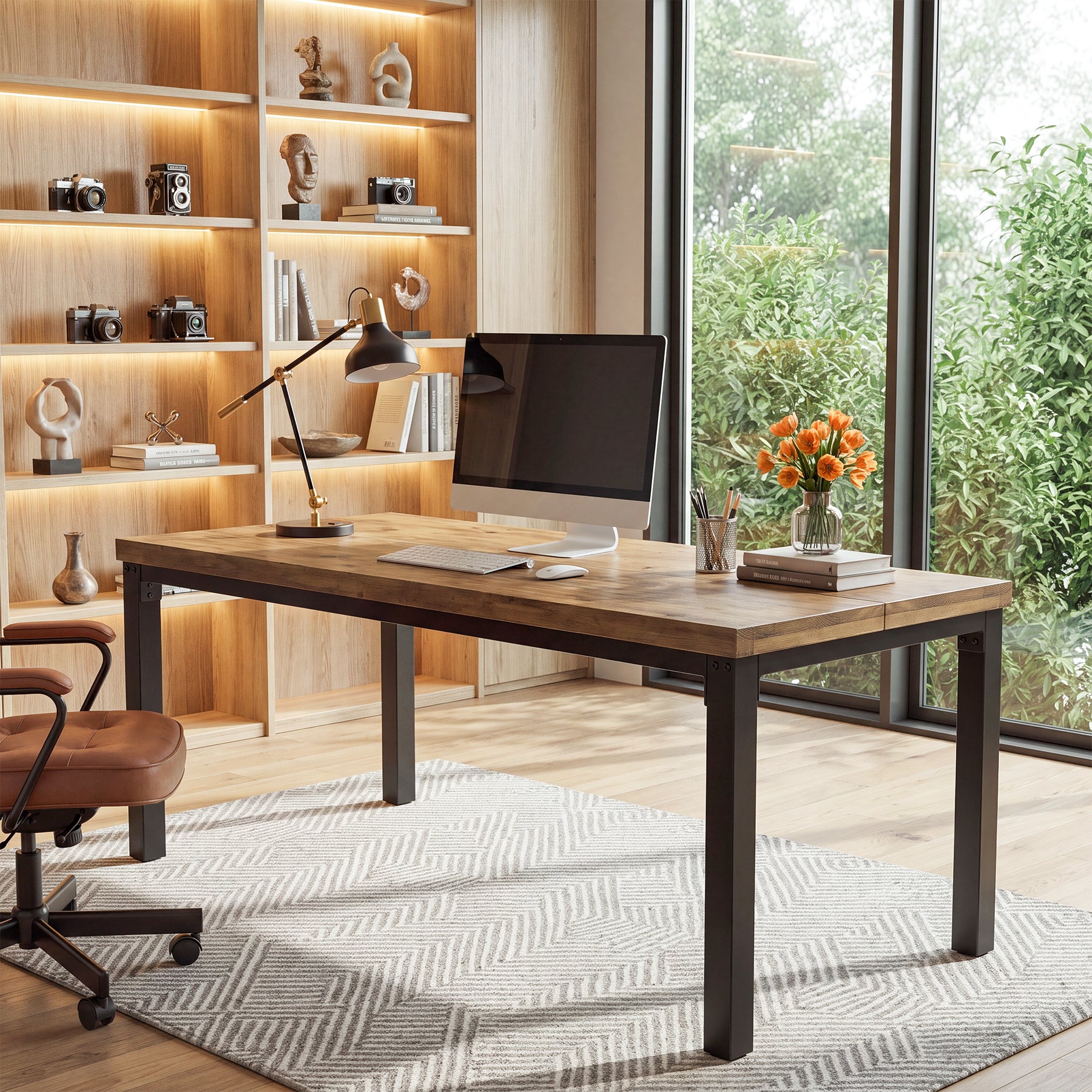 70.9" Computer Desk, Industrial Executive Office Desk with Solid Pine Wood Top
