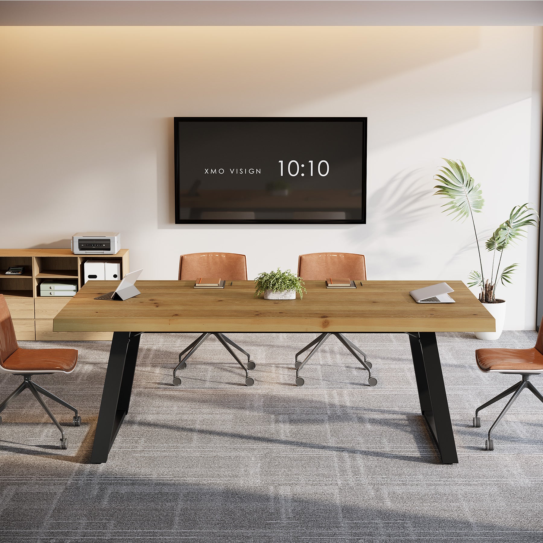63" Solid Wood Conference Table, Farmhouse Computer Desk with Metal Legs