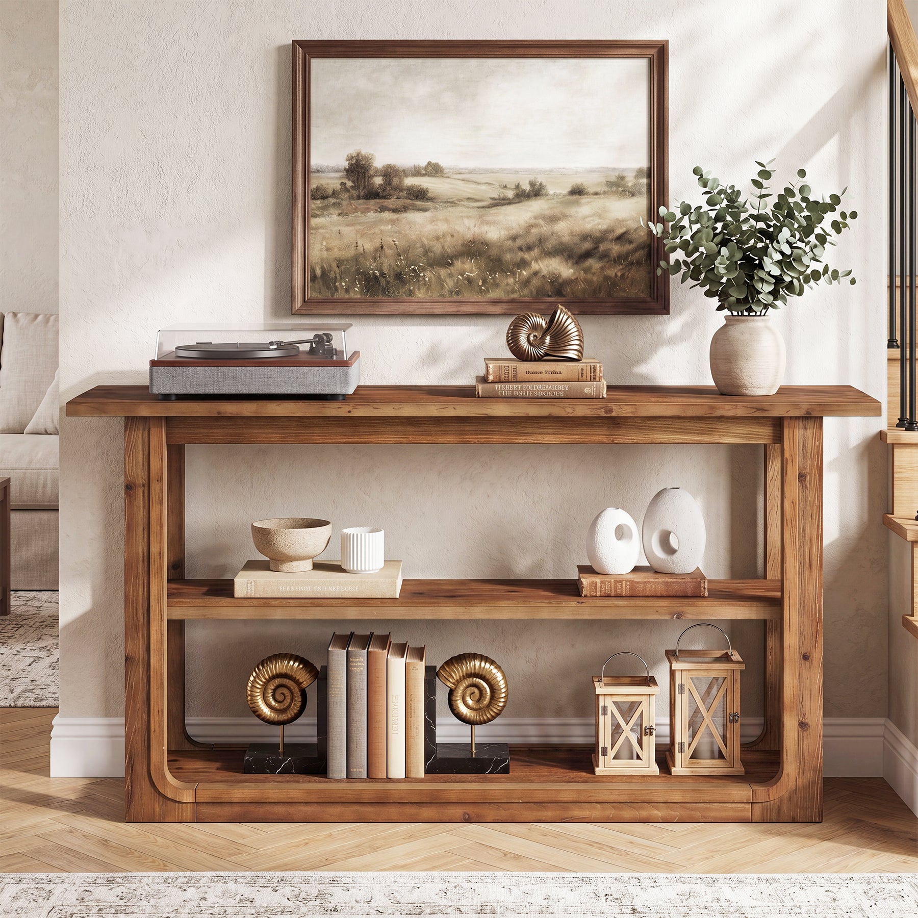 55" Solid Wood Console Table, 3-Tier Farmhouse Accent Sofa Table for Entryway