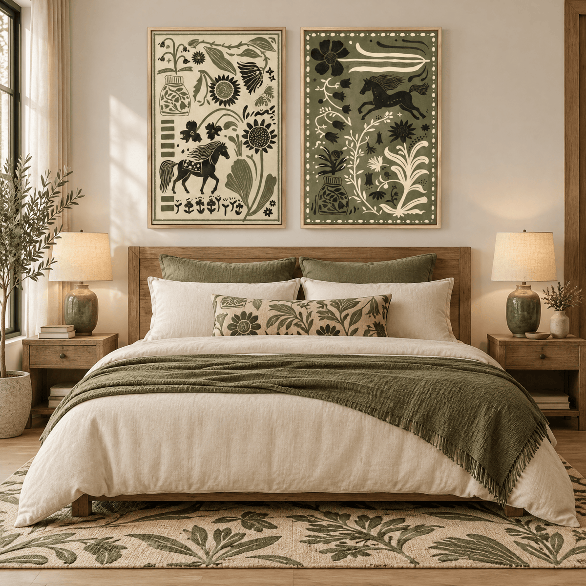 Tribesigns 2-Piece Modern Boho Horse Wall Art, Earthy Green Canvas Prints for living room