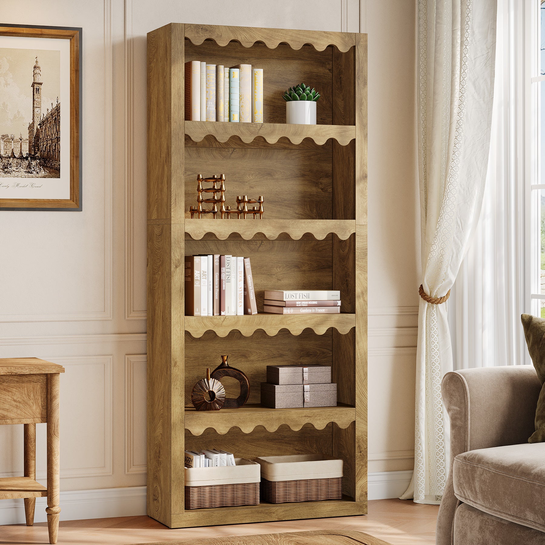 70" Bookcase, Modern 5-Tier Bookshelf Storage Organizer with Scalloped Edges