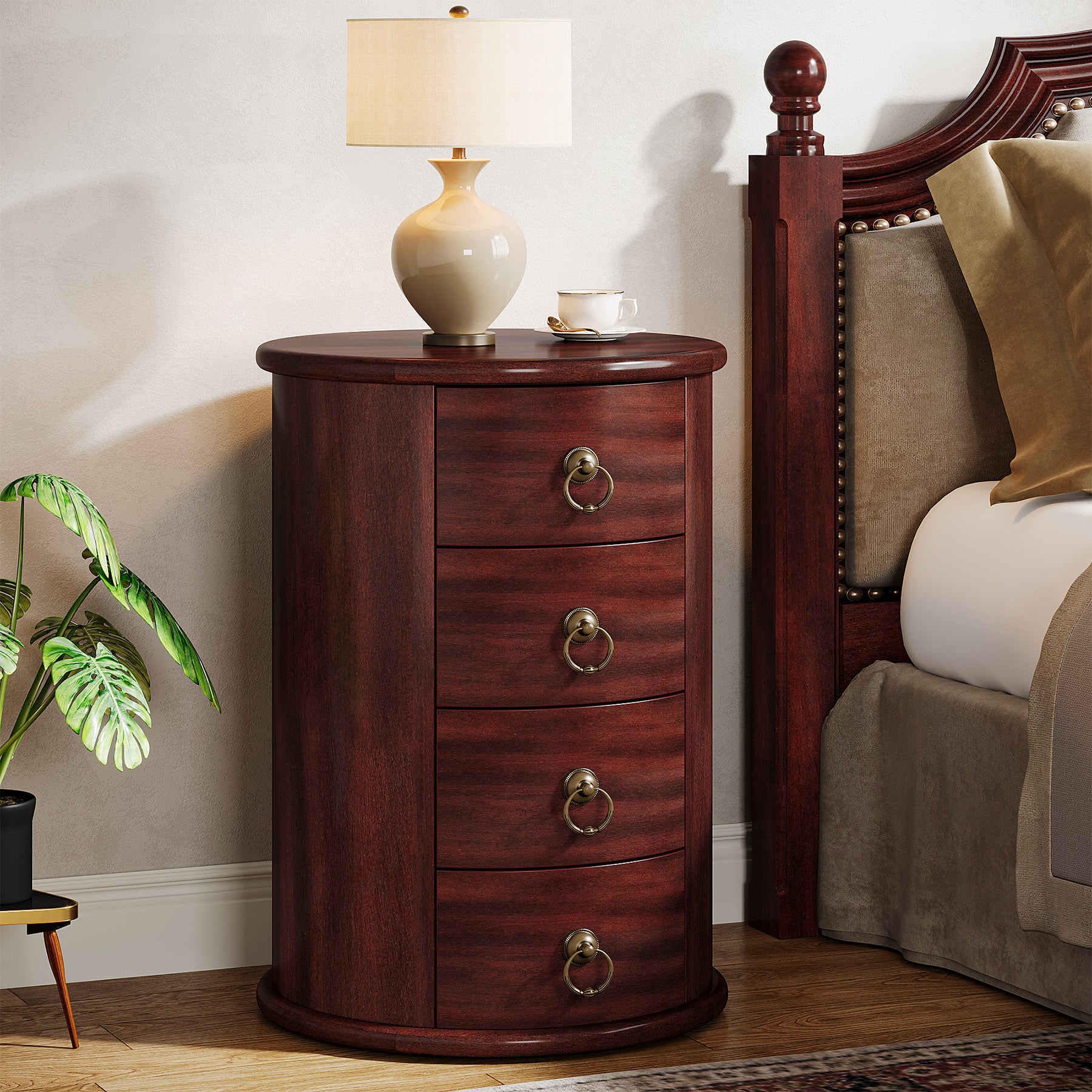 Wood Nightstand, Round Bedside Table  with 4 Drawers(No Assembly Required)