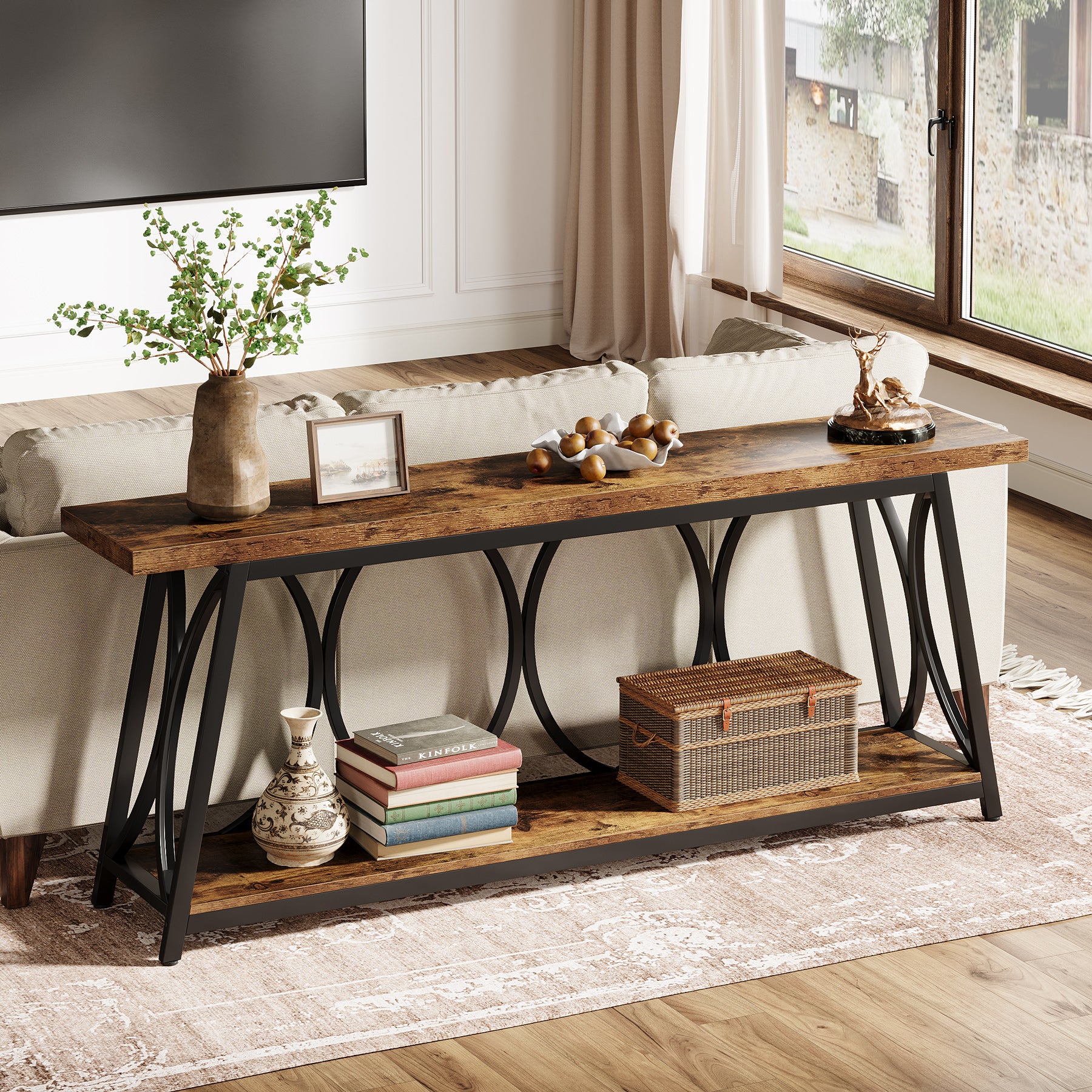 70.9" 2-Tier Industrial Console Table, Sofa Table with Shelves for Living Room or Entryway