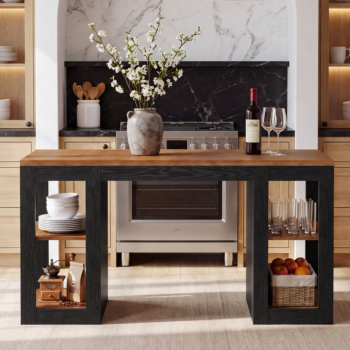 63" Farmhouse Solid Wood Kitchen Island, 2-Tier Side Storage
