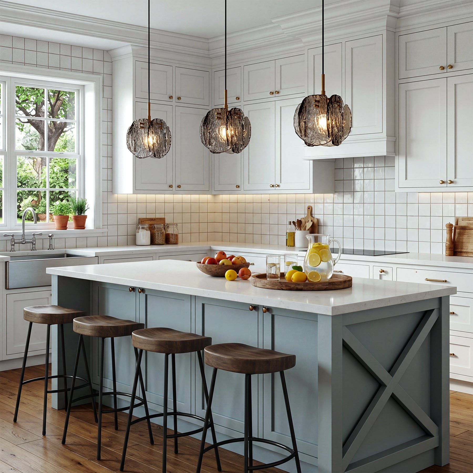 1-Light Pendant Light with Smoky Glass Shade & Adjustable Height