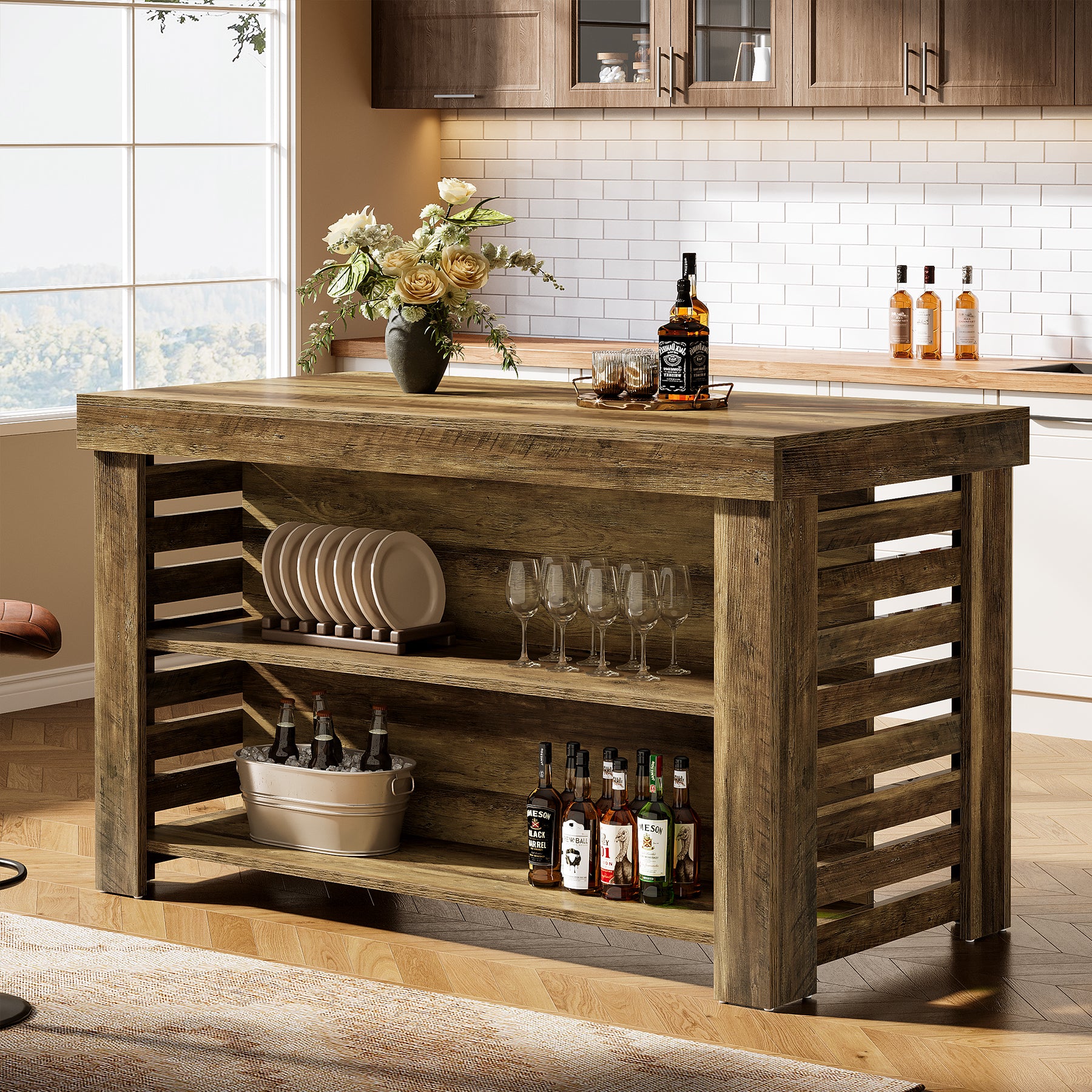 55" Kitchen Island, 3-Tier Farmhouse Coffee Bar Table with Storage Shelves