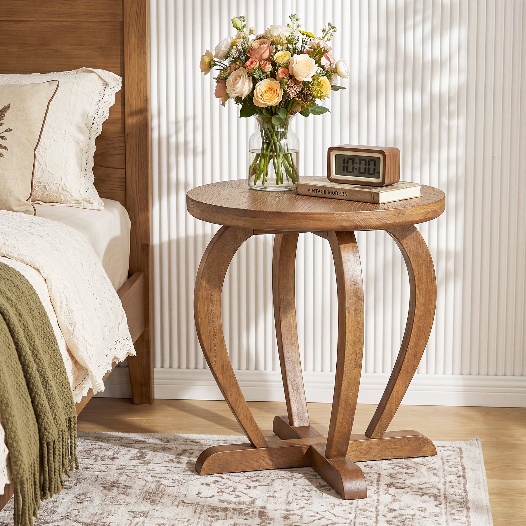 Solid Wood Round End Table, Accent Side Table with Curved Base for Living Room