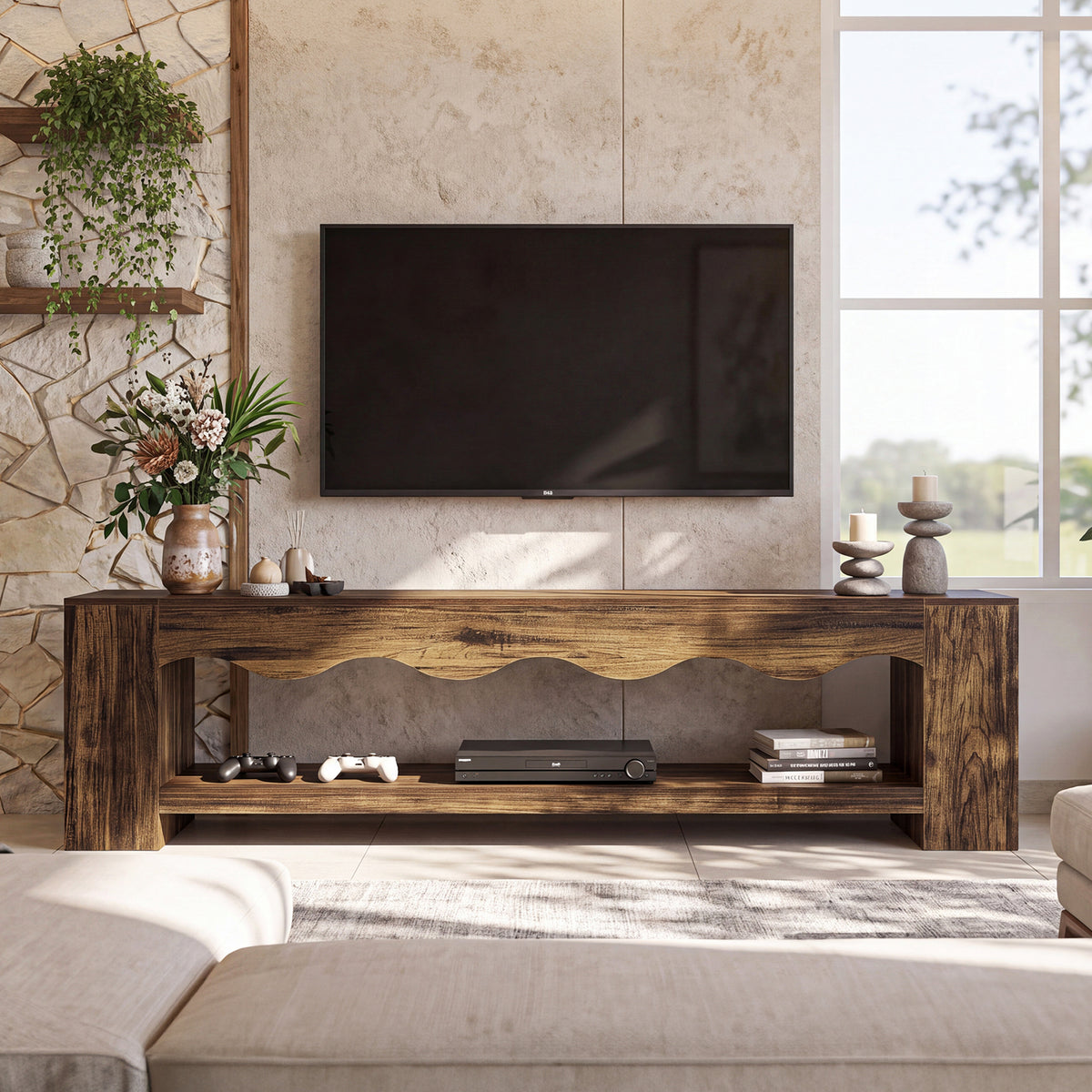 79" TV Stand for TVs Up to 85", Rustic Curved TV Console, Mid-Century Modern