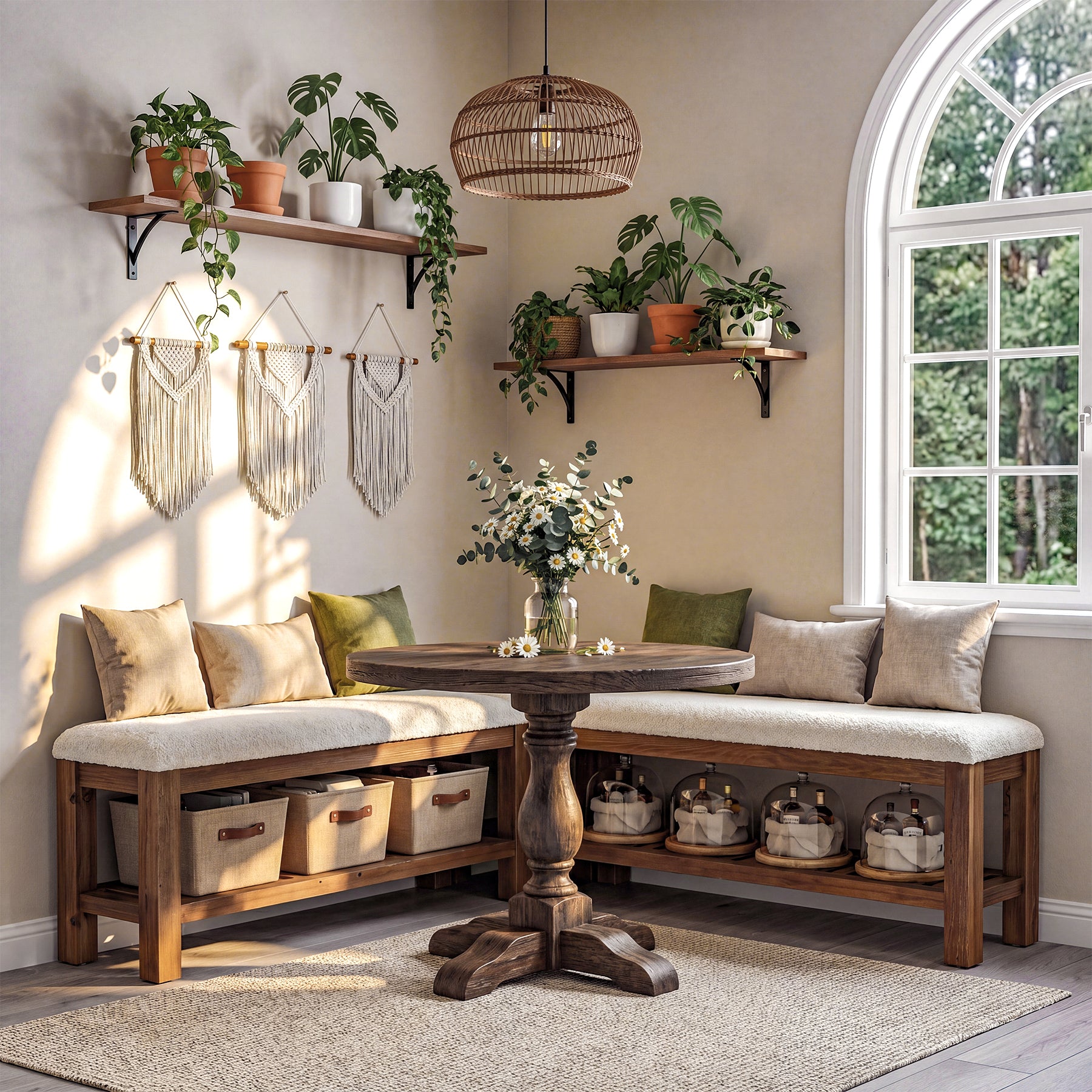 Solid Wood Entryway Bench Set, 55" L-Shaped Shoe Bench with Storage Shelf