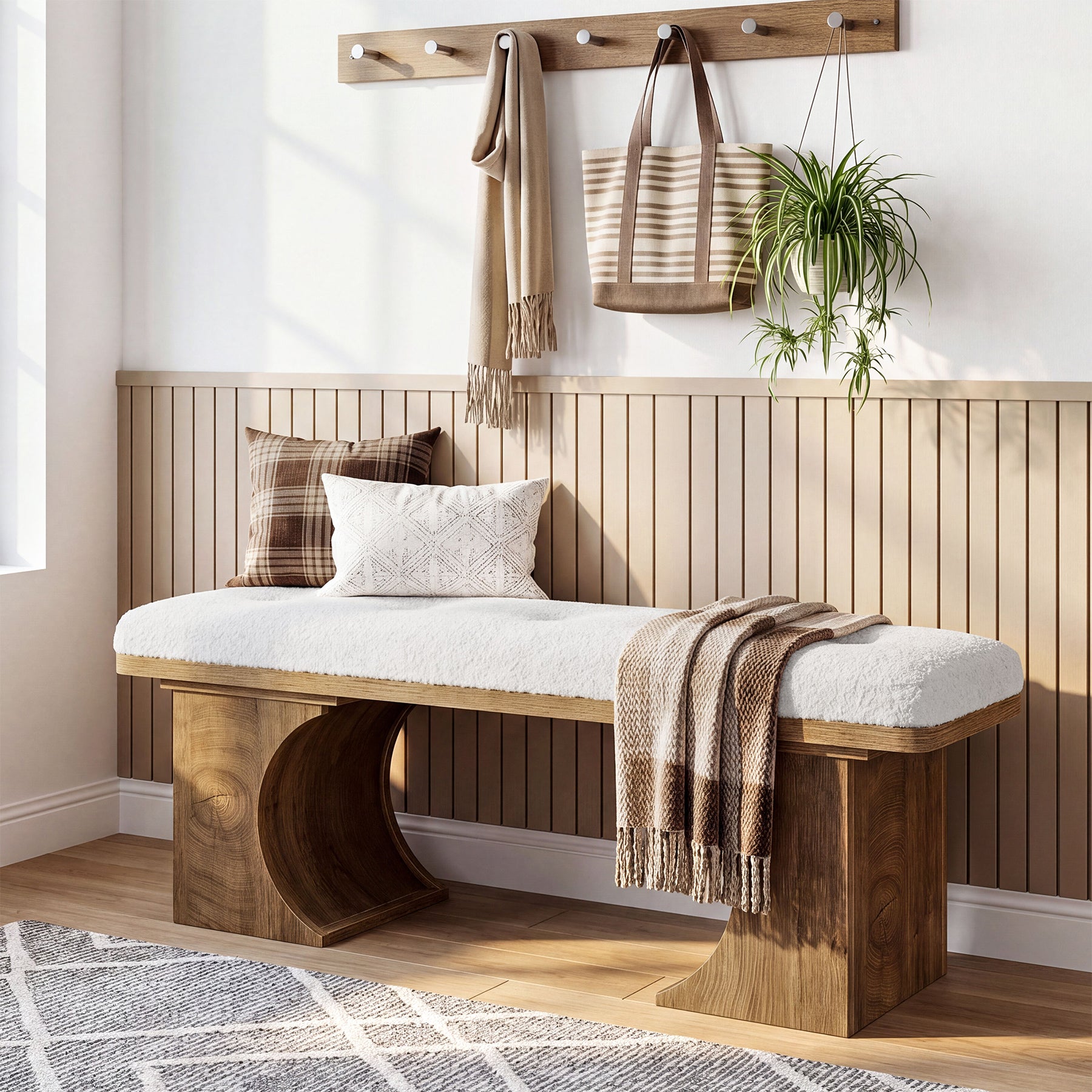 Tribesigns 47.24-Inch Upholstered Entryway Bench with Soft Cushion and Curved Wooden Legs, Modern Rustic Shoe Bench for Hallway and Living Room