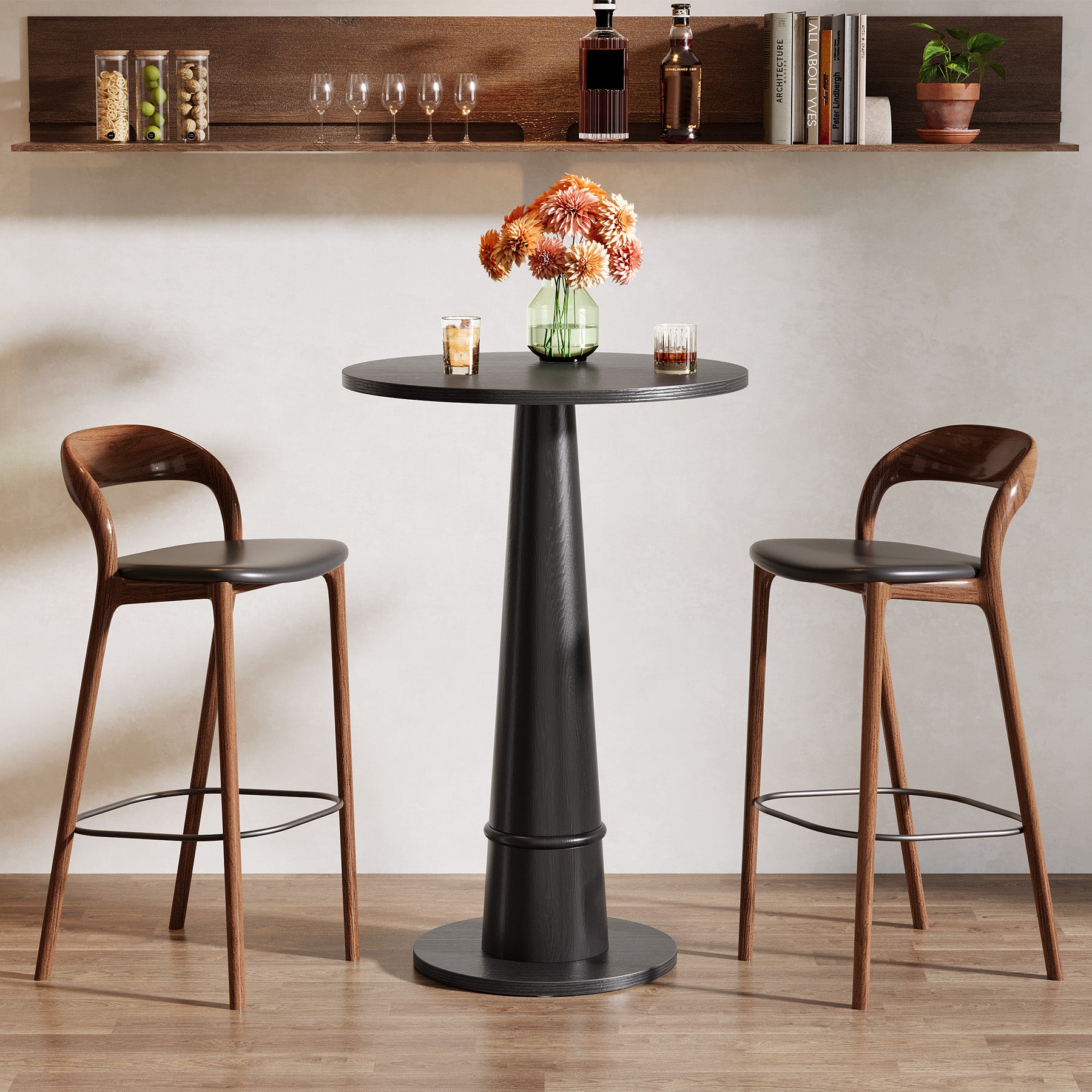 Round Bar Table, 37.4" High Pub Cocktail Table with Solid Wood Pillar