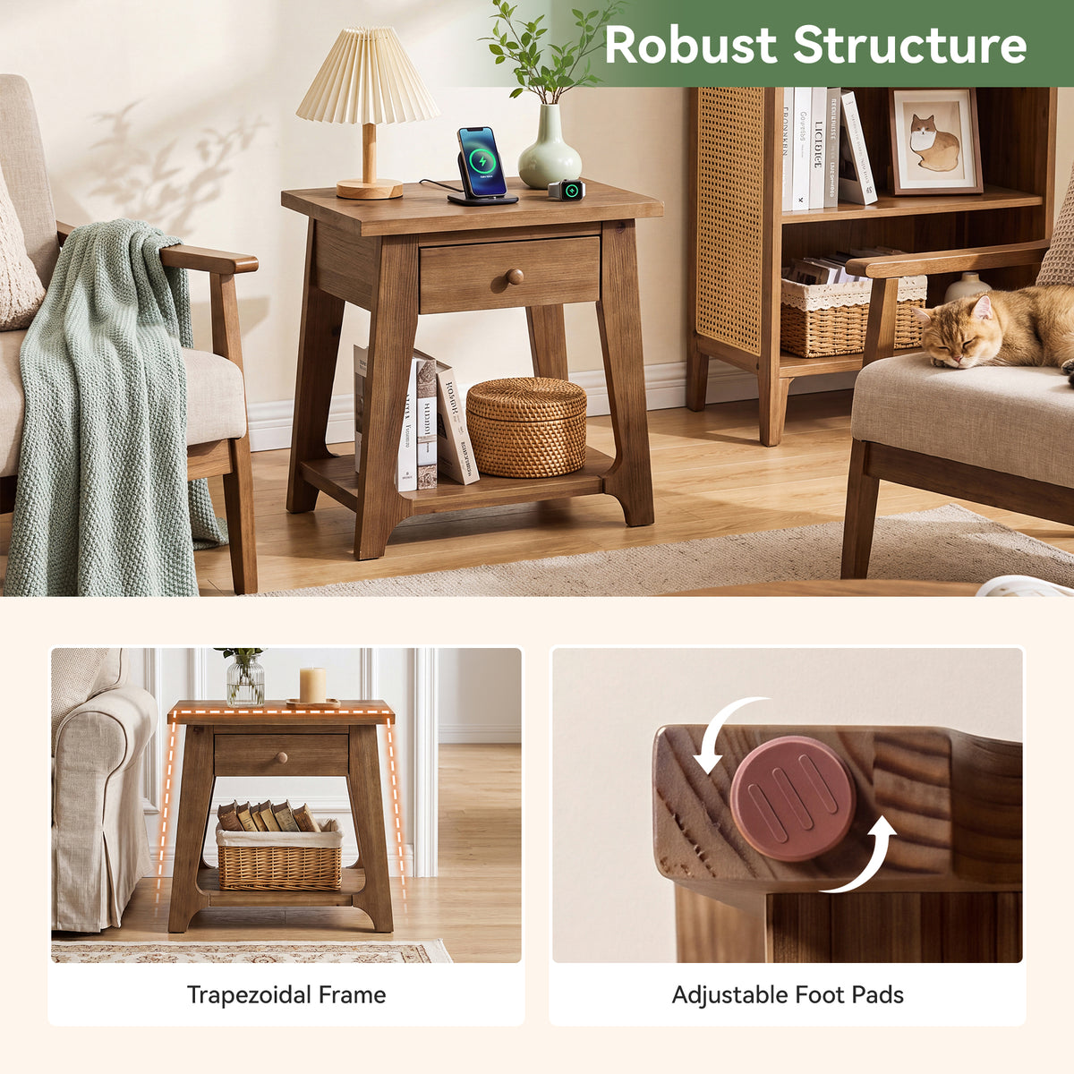 Solid Wood End Table, Narrow Side Table with Drawer & Open Shelf for Small Spaces