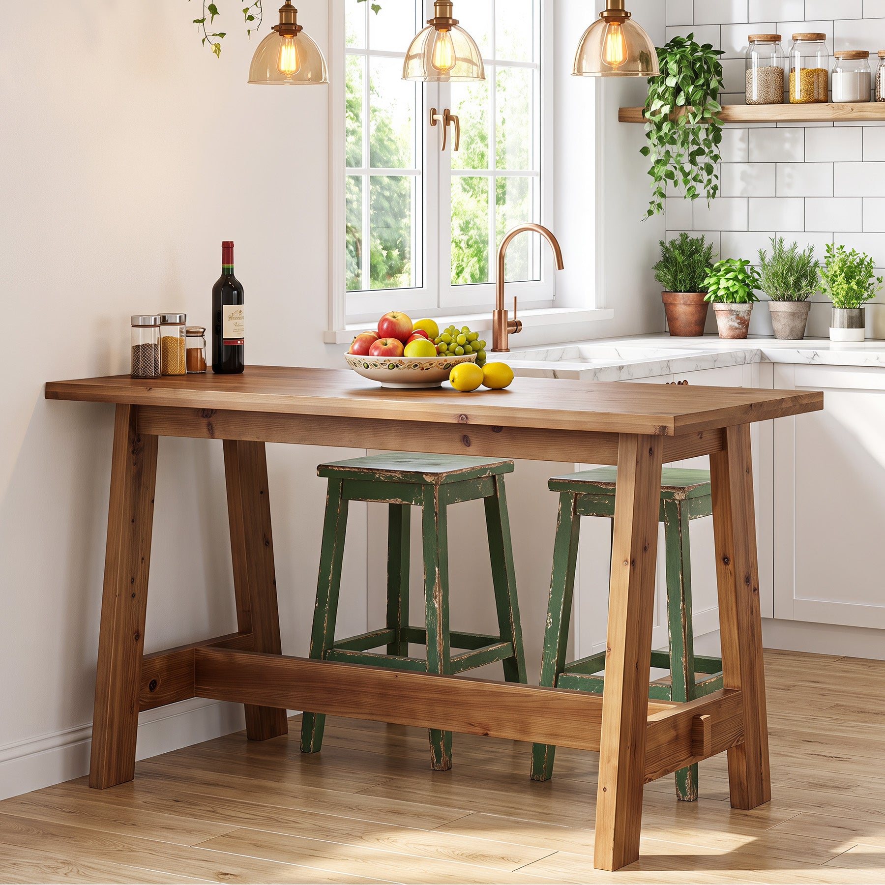 63" Solid Wood Bar Table, Rectangular Farmhouse Dining  Pub Table with A-Frame