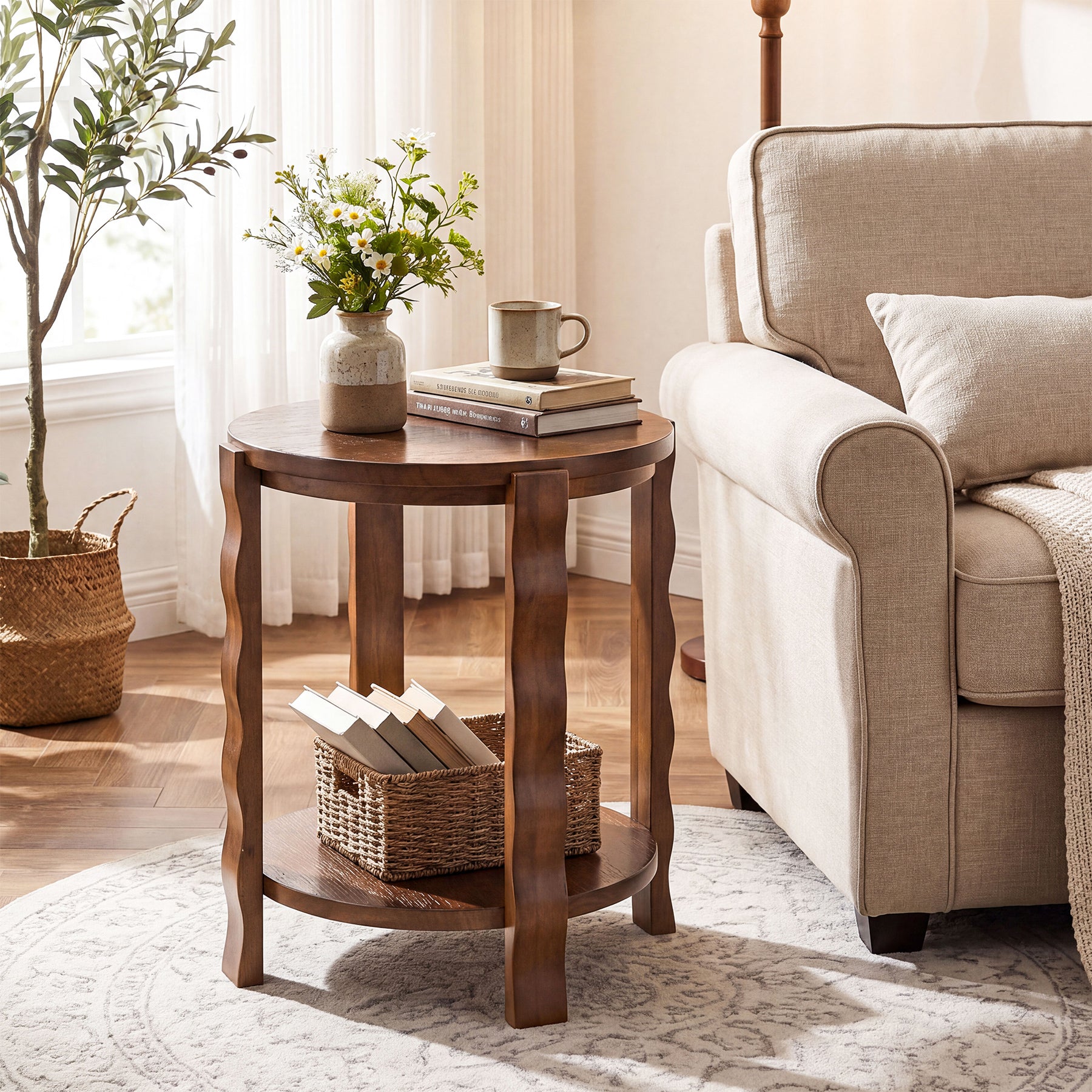 2-Tier Round Side Table, Wood End Table with Storage Shelf for Living Room
