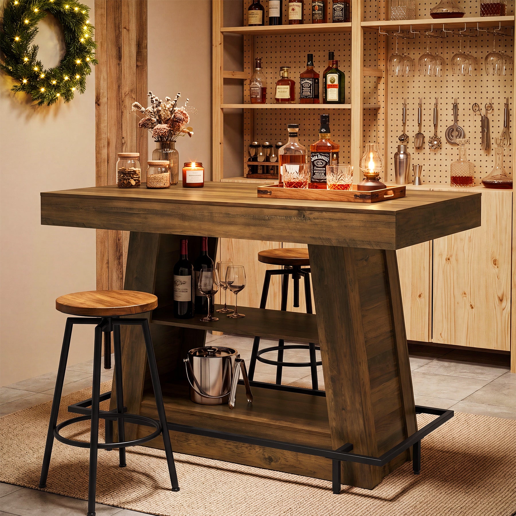 47.2" Rectangular Bar Table, Counter Height Bistro Table with 2-Tier Open Storage Shelves