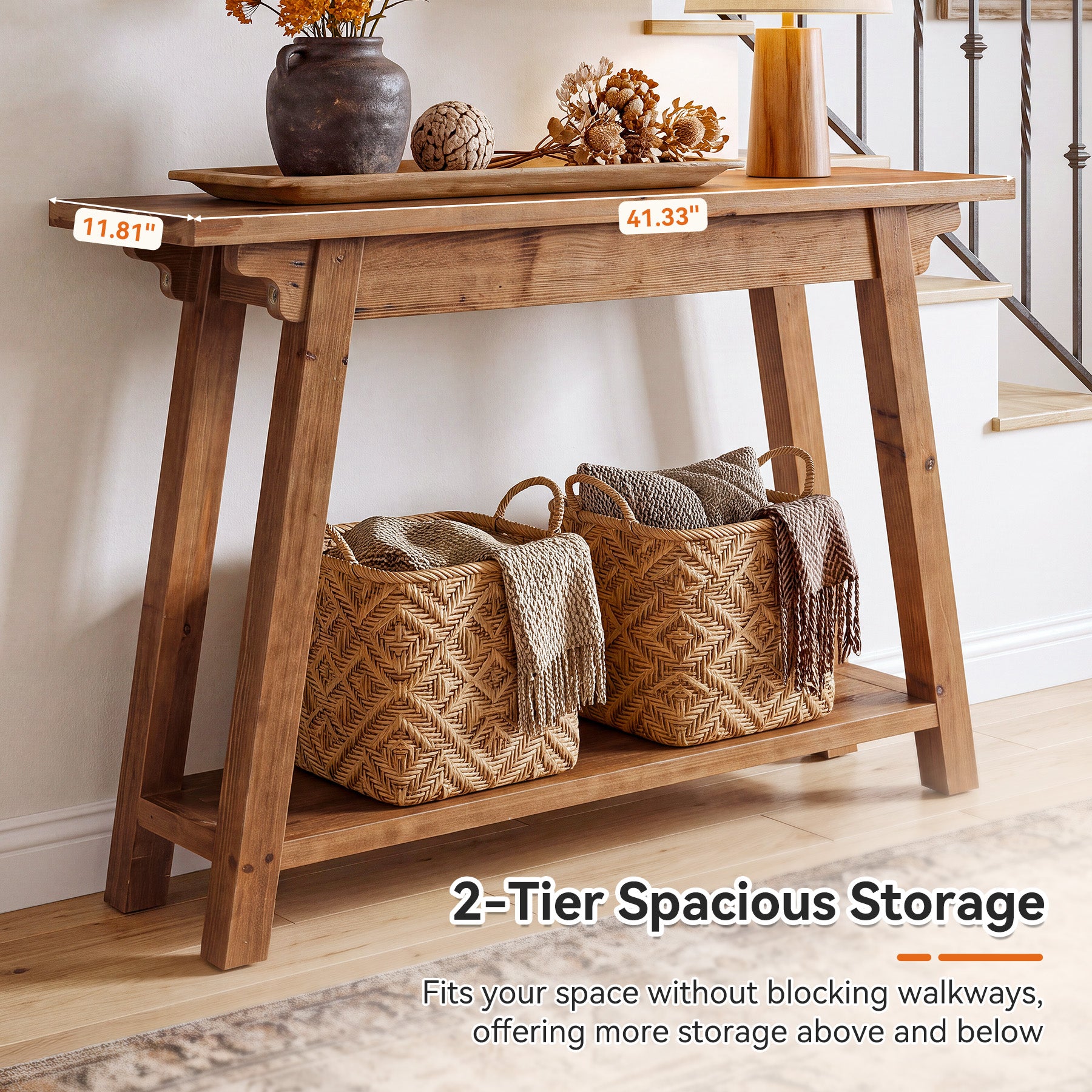 41.3" Solid Wood Console Table, 2-Tier Farmhouse Entryway Table with Stable A-Frame