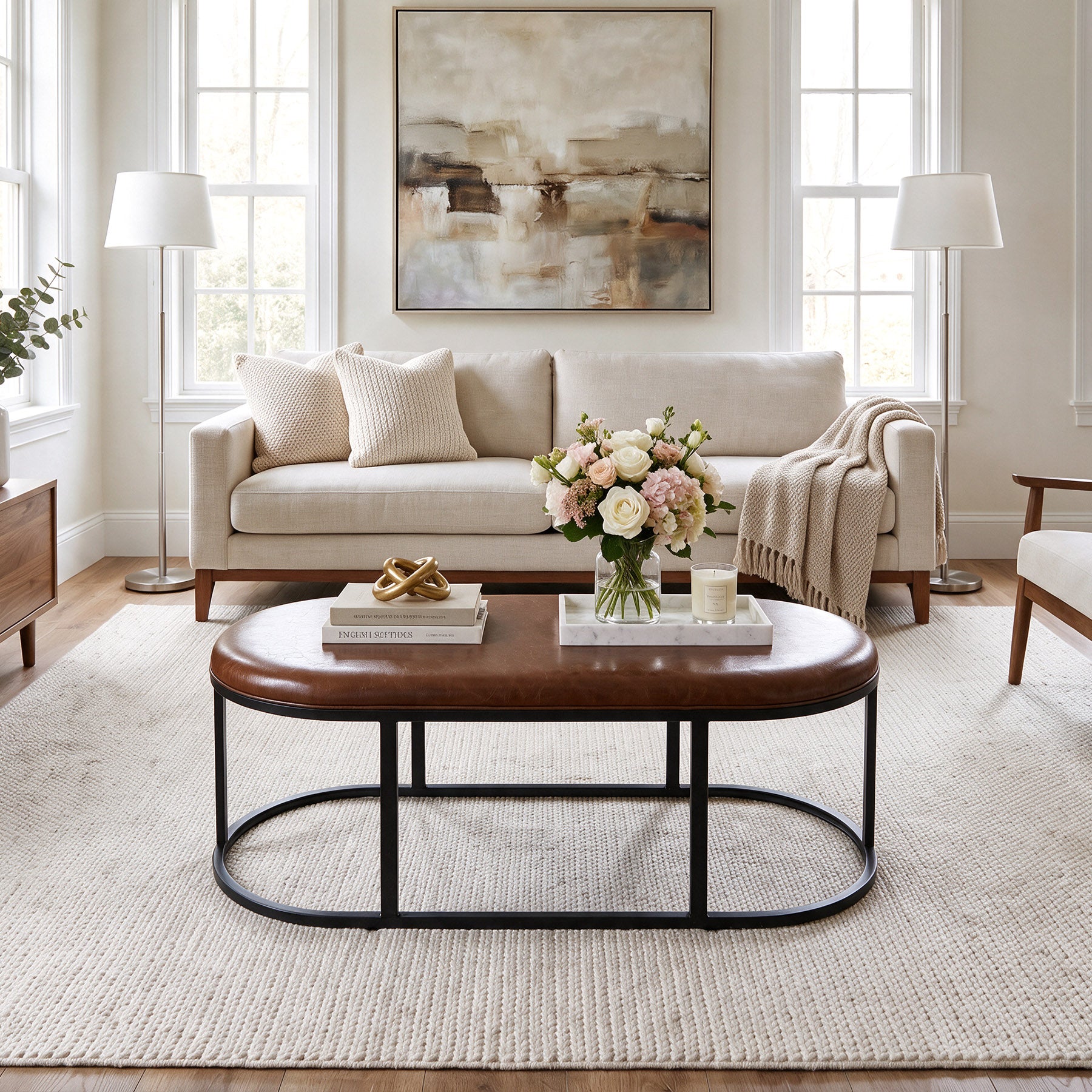 Oval Faux Leather Coffee Table, 55.12" Upholstered Center Table with Metal Base
