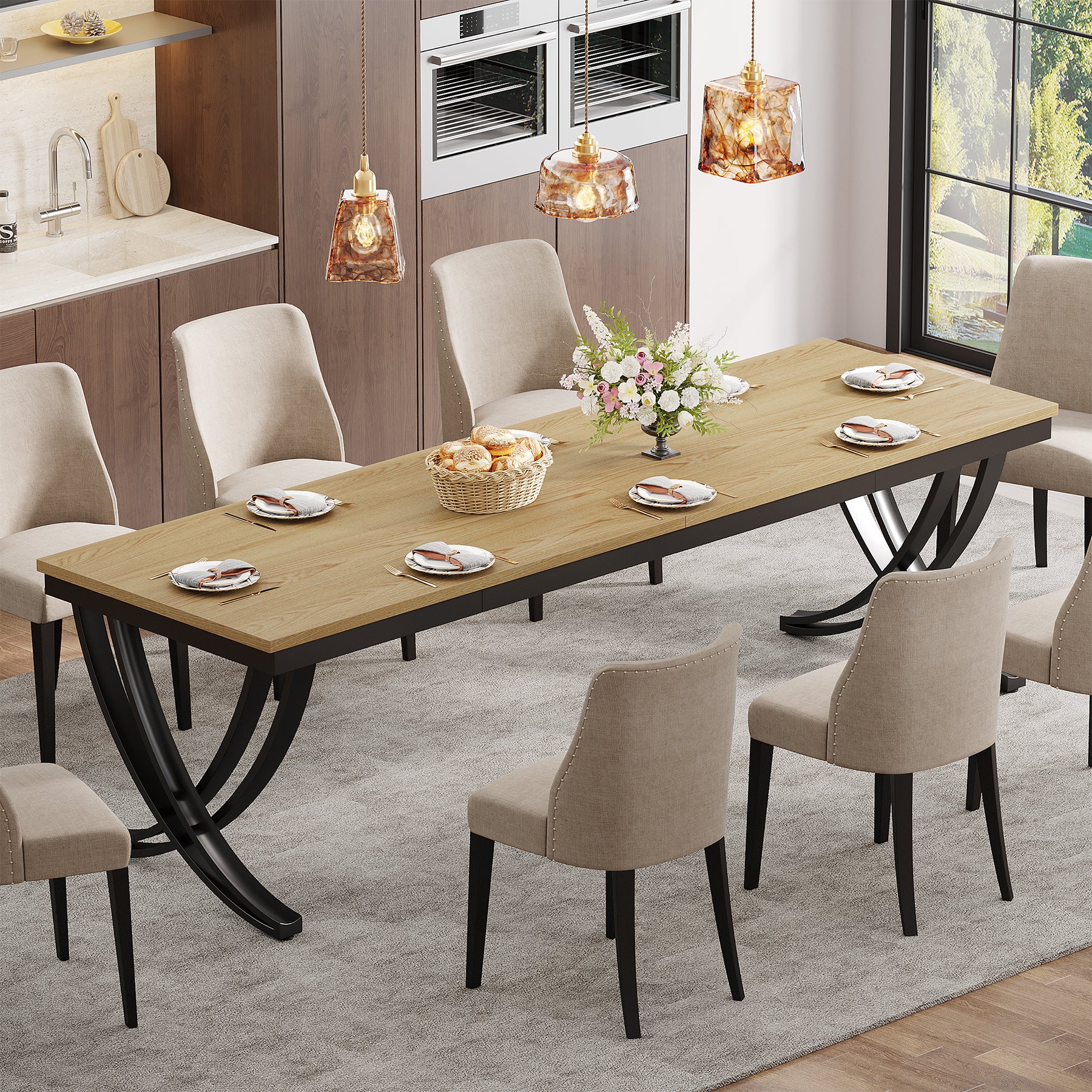 Rectangular Dining Table for 6-8, 78" Farmhouse Dinner Table with Metal Legs