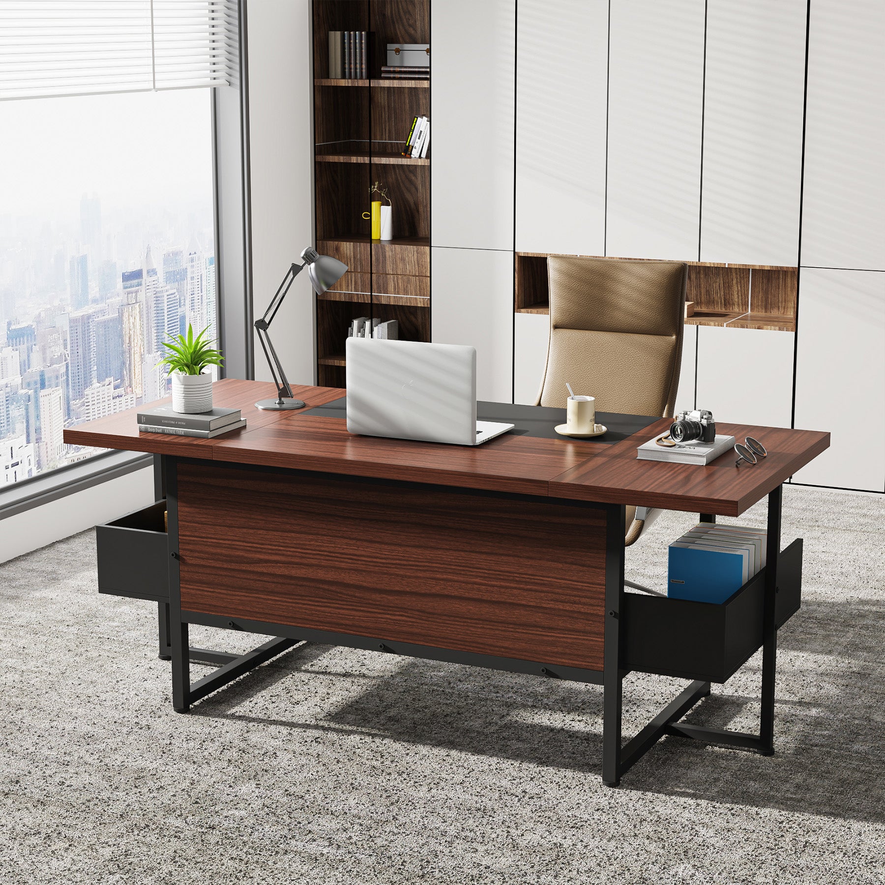 Tribesigns Executive Desk, Large Computer Table with Bottom Shelves