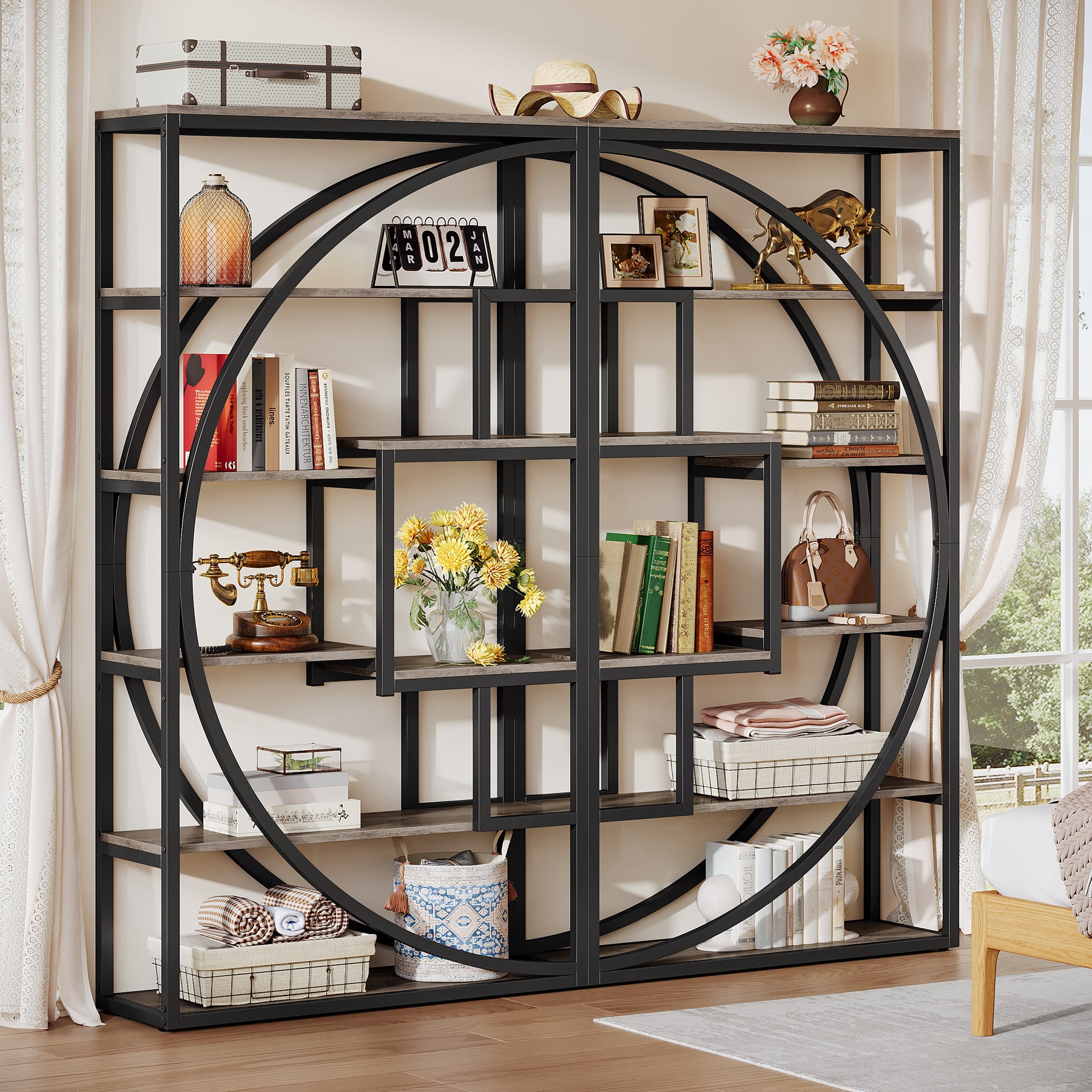 70.8” Tall Modern Geometric Bookcase, 5-Tier Etagere with 8 Open Shelves
