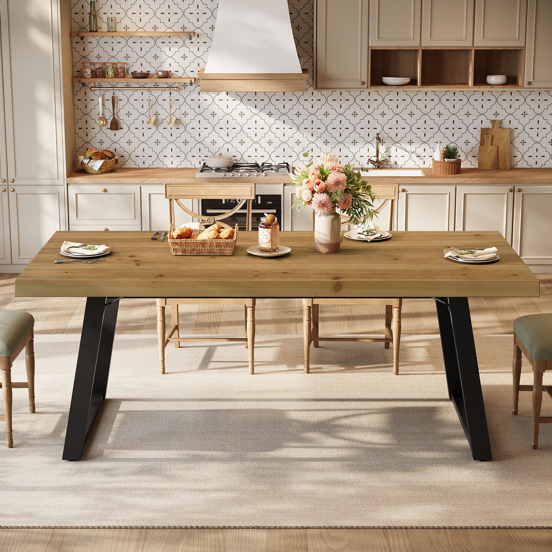 63" Solid Wood Dining Table for 4-6, Rectangular Kitchen Table with Metal Legs