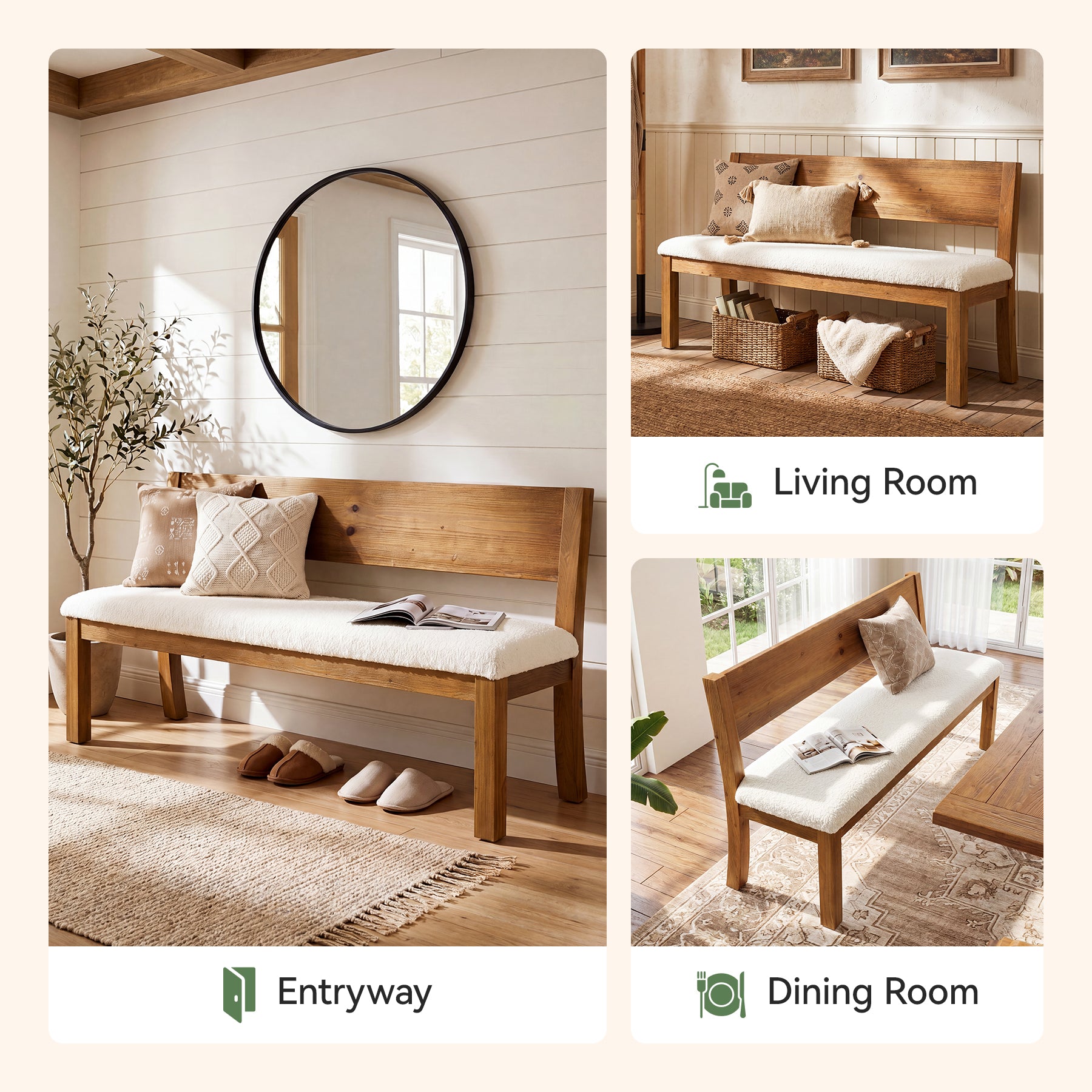55" Entryway Bench, Upholstered Storage Bench with Backrest for Hallway
