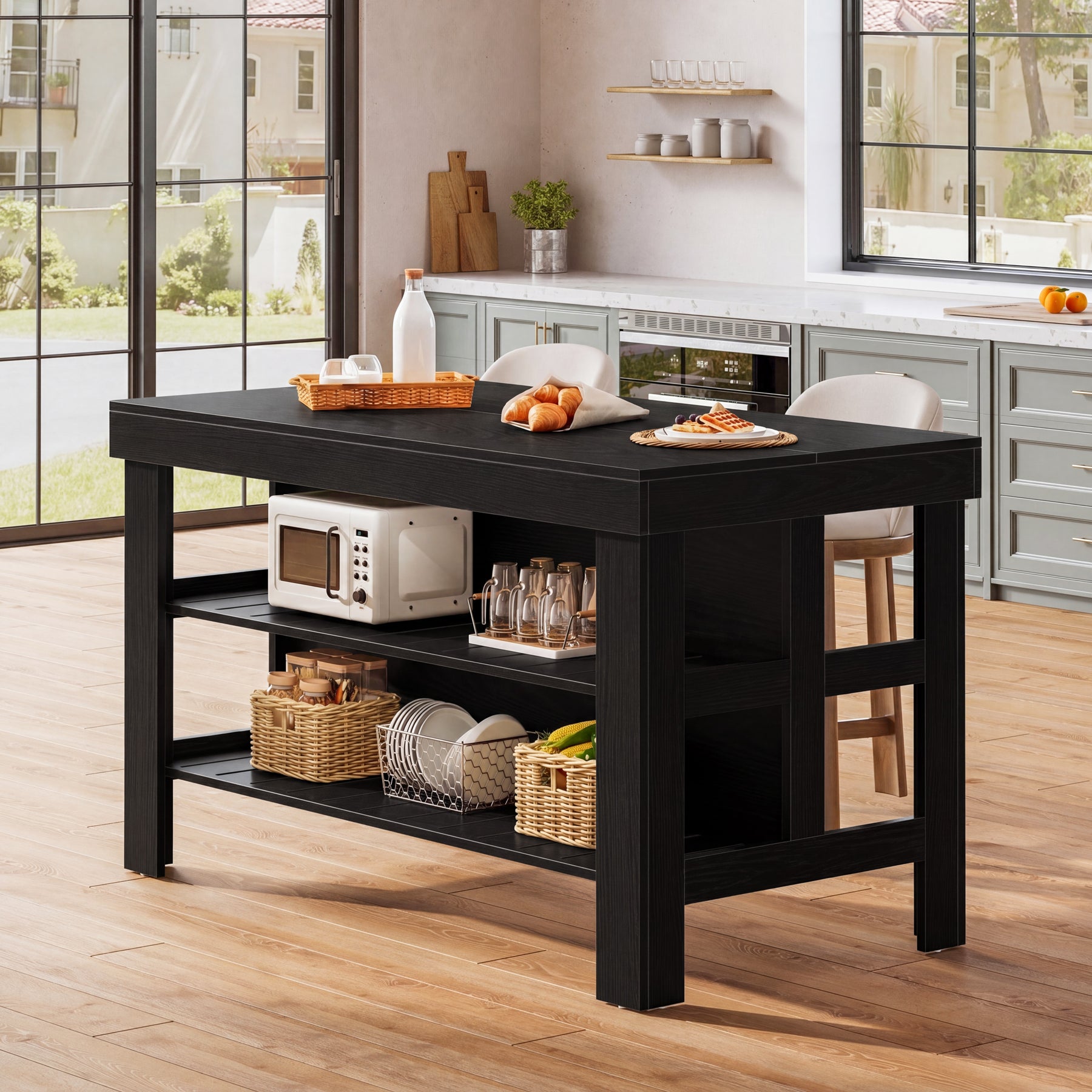 55" Kitchen Island, Breakfast Counter with Seating and Storage Shelves