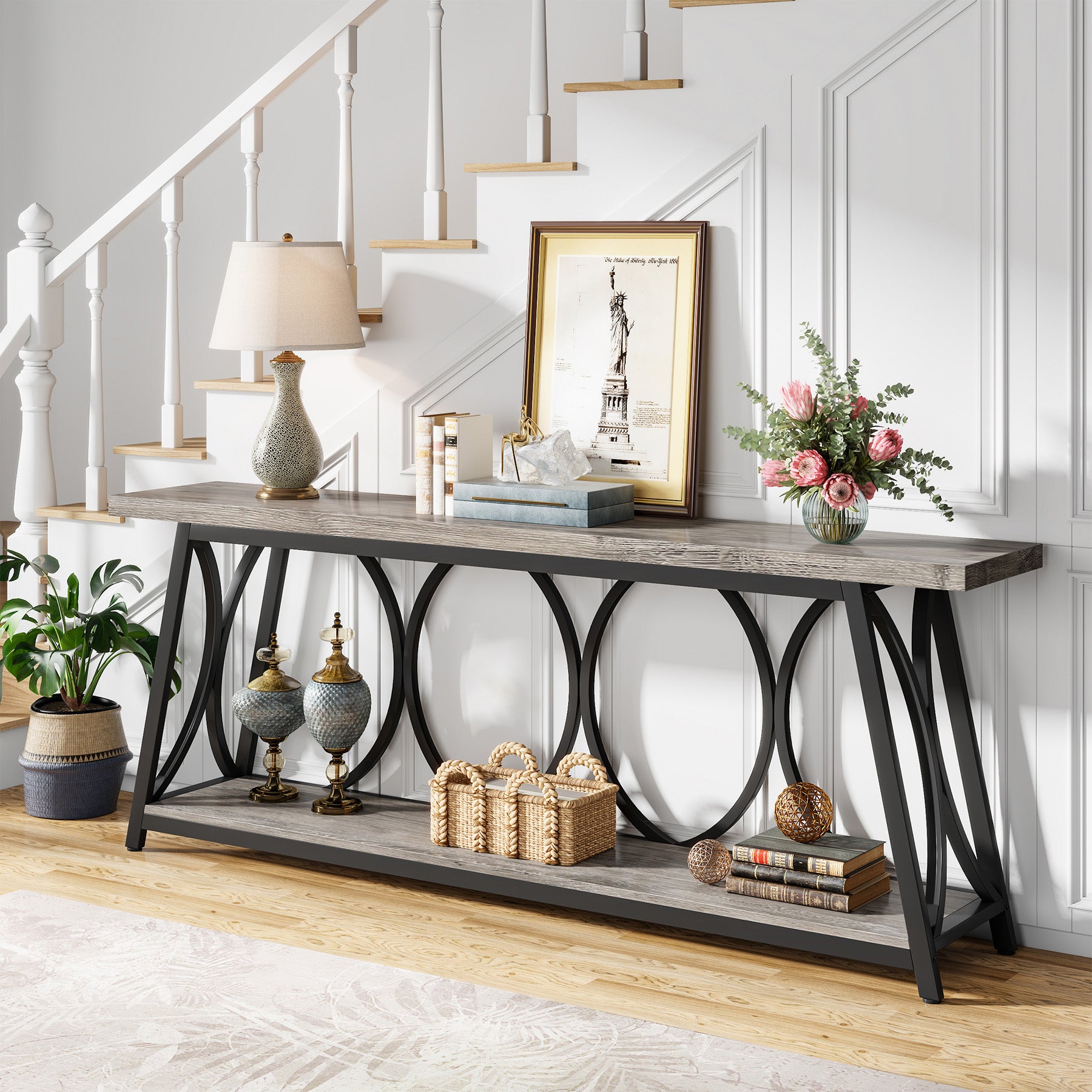 70.9" 2-Tier Industrial Console Table, Sofa Table with Shelves for Living Room or Entryway