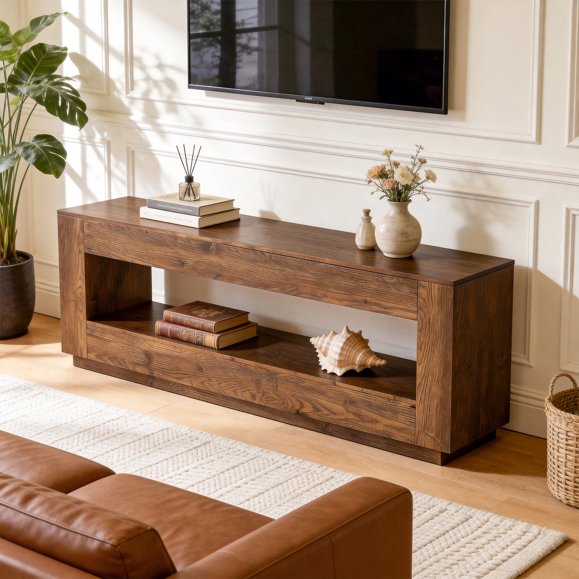 70.87" Solid Wood TV Stand, 2-Tier Entertainment Center for up to 80" TV