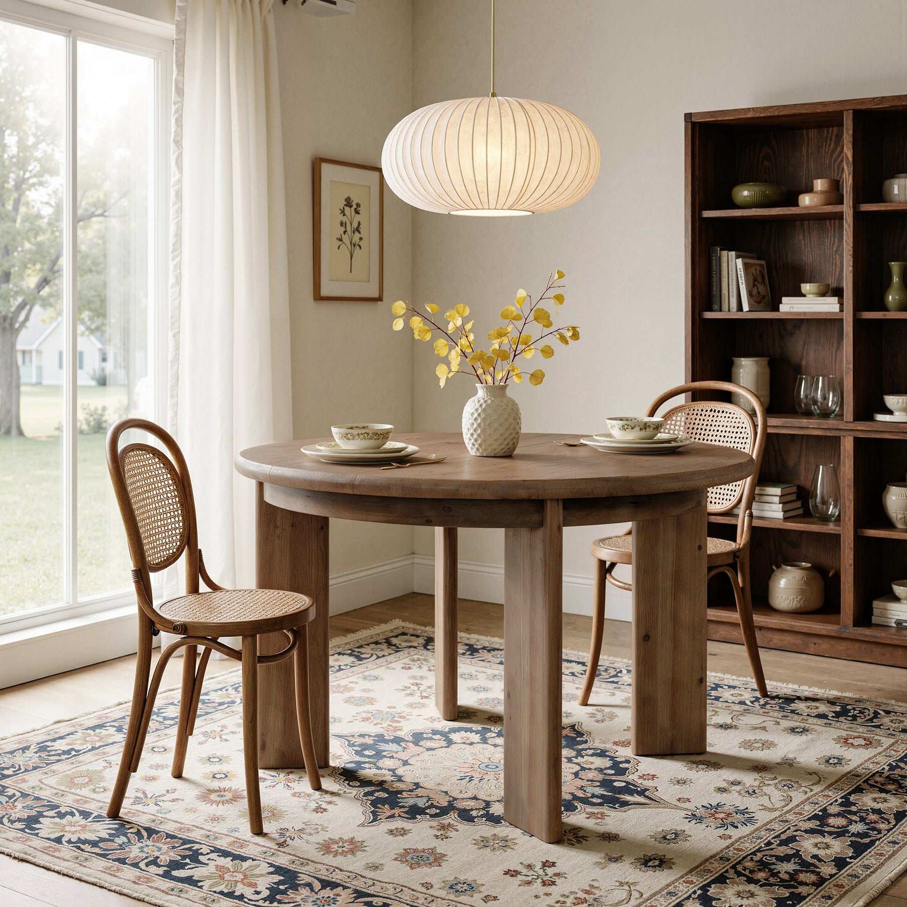 47" Round Dining Table for 4-6, Farmhouse Solid Wood, 4 Thick Pillar Legs, Kitchen Table
