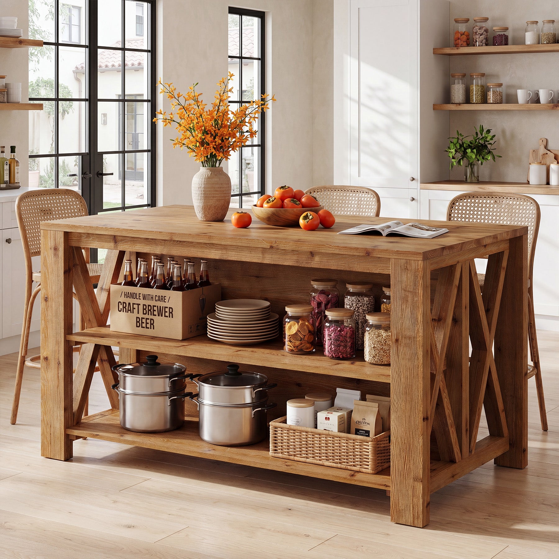 55" Solid Wood Kitchen Island, 3-Tier Stationary Storage Table For Kitchen Dining Room