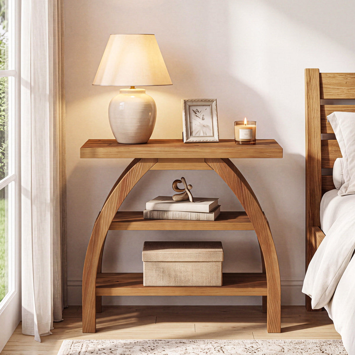 23.6" Solid Wood Nightstand with 3-Tier Shelf, Narrow Bedside Table with Arched Legs