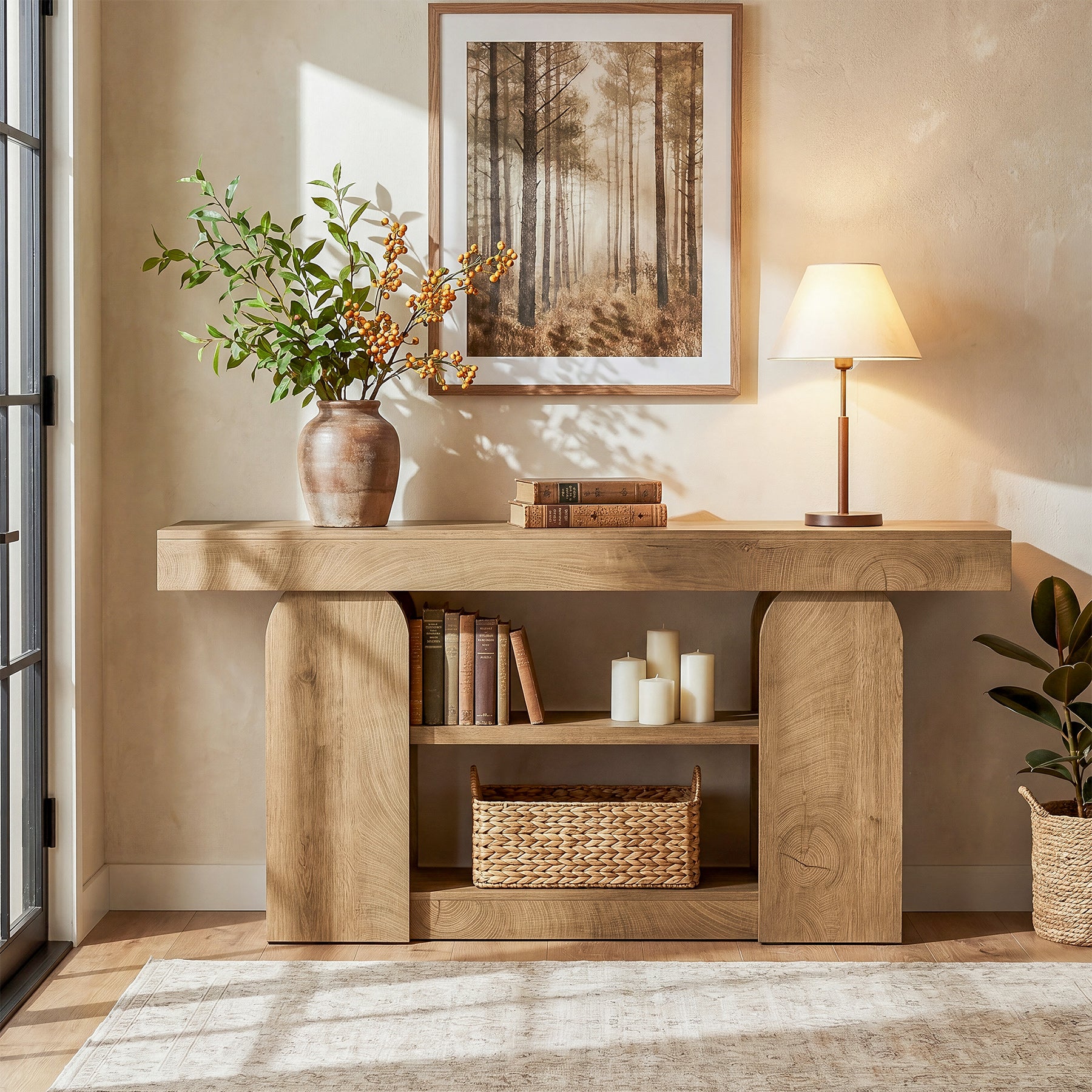 63" Farmhouse Console Table with Storage Shelves, 3-Tier Narrow Entryway Sofa Table for Hallway & Living Room