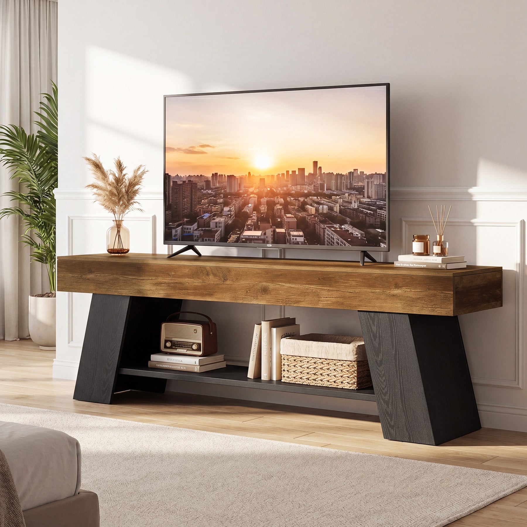 63" TV Stand for 55/65/70 Inch TVs, Industrial Media Console with Open Storage Shelf