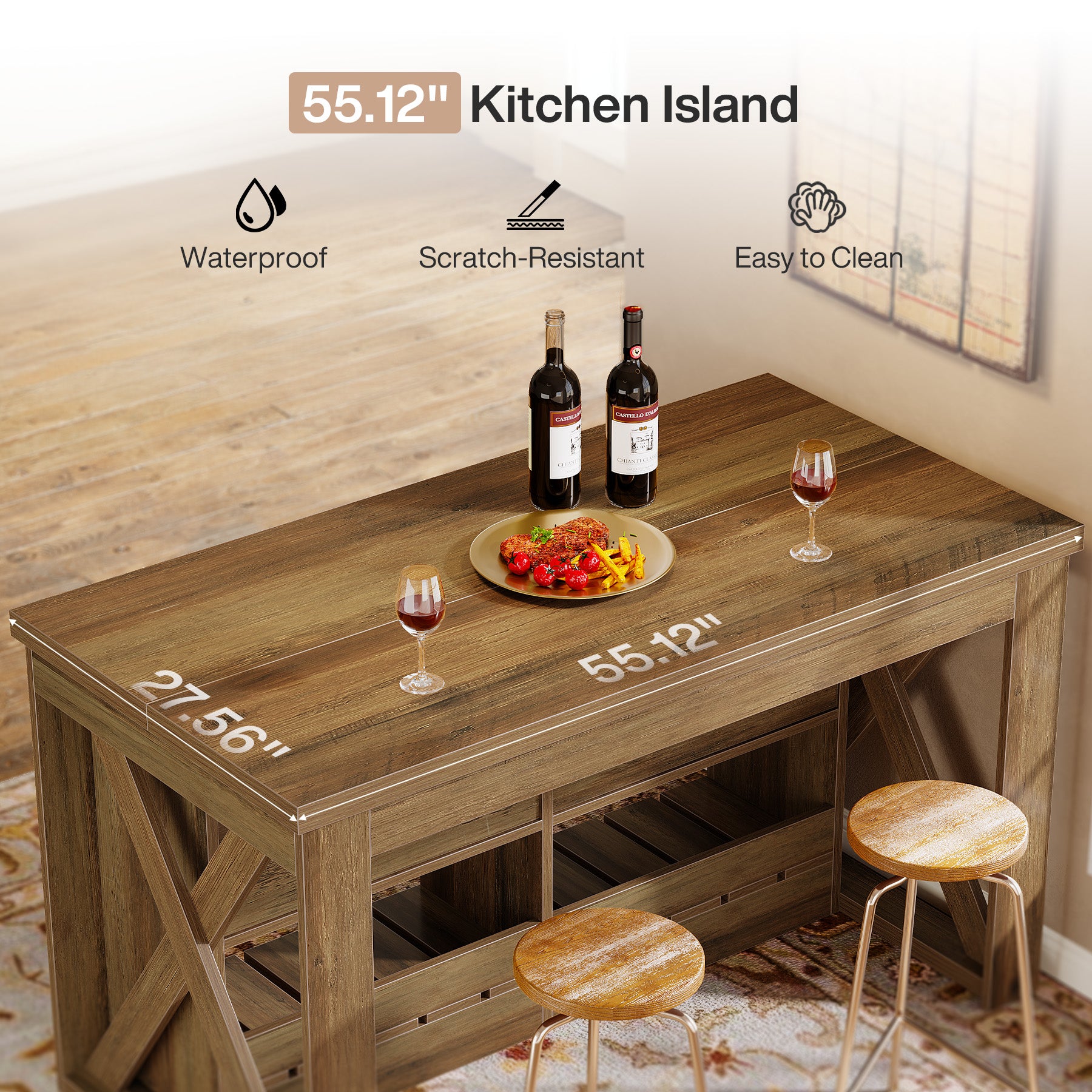 55" Kitchen Island, Wooden Bar Table with 2 Drawers and Open Shelf