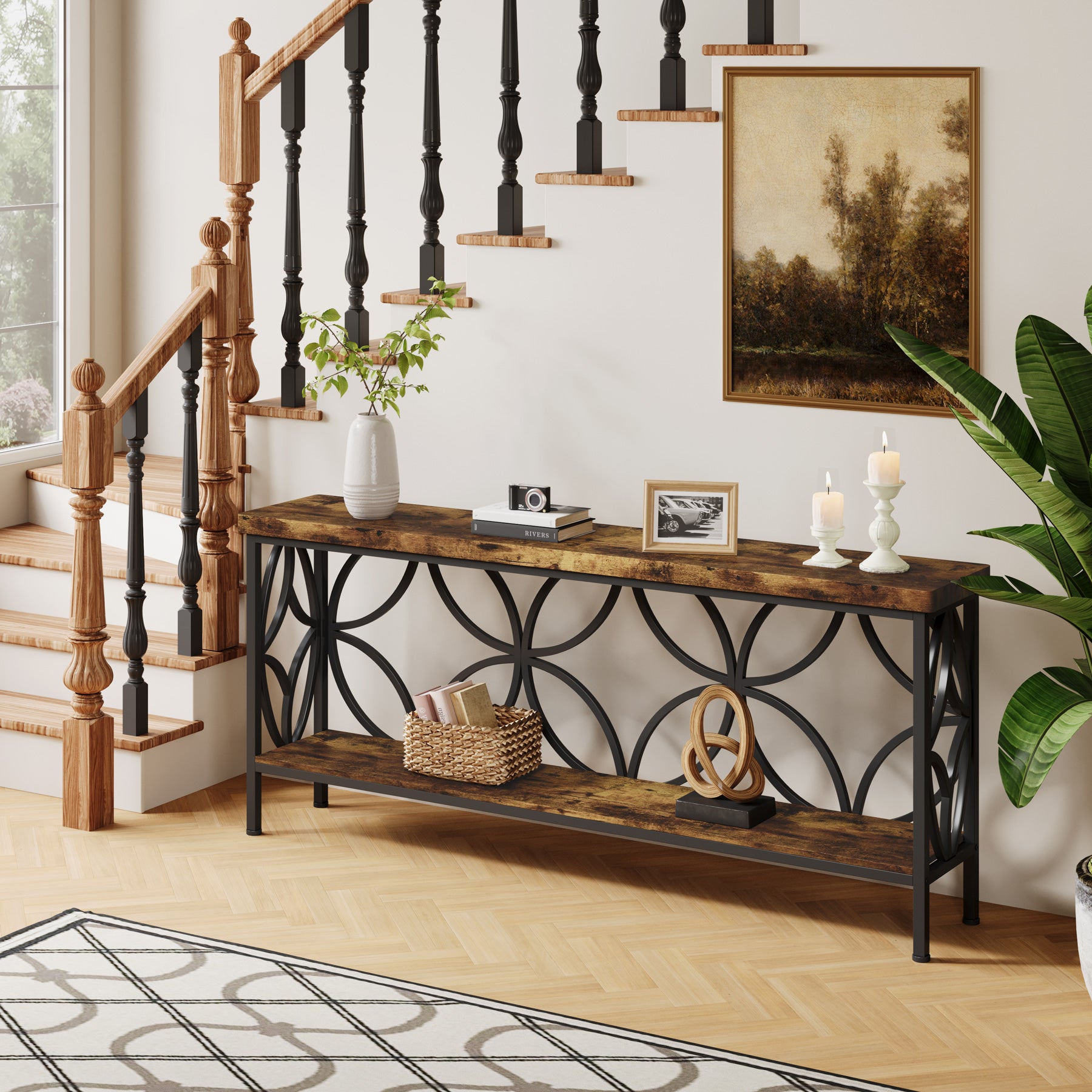 70.9" Sofa Table, 2-Tier Industrial Console Table Behind Couch