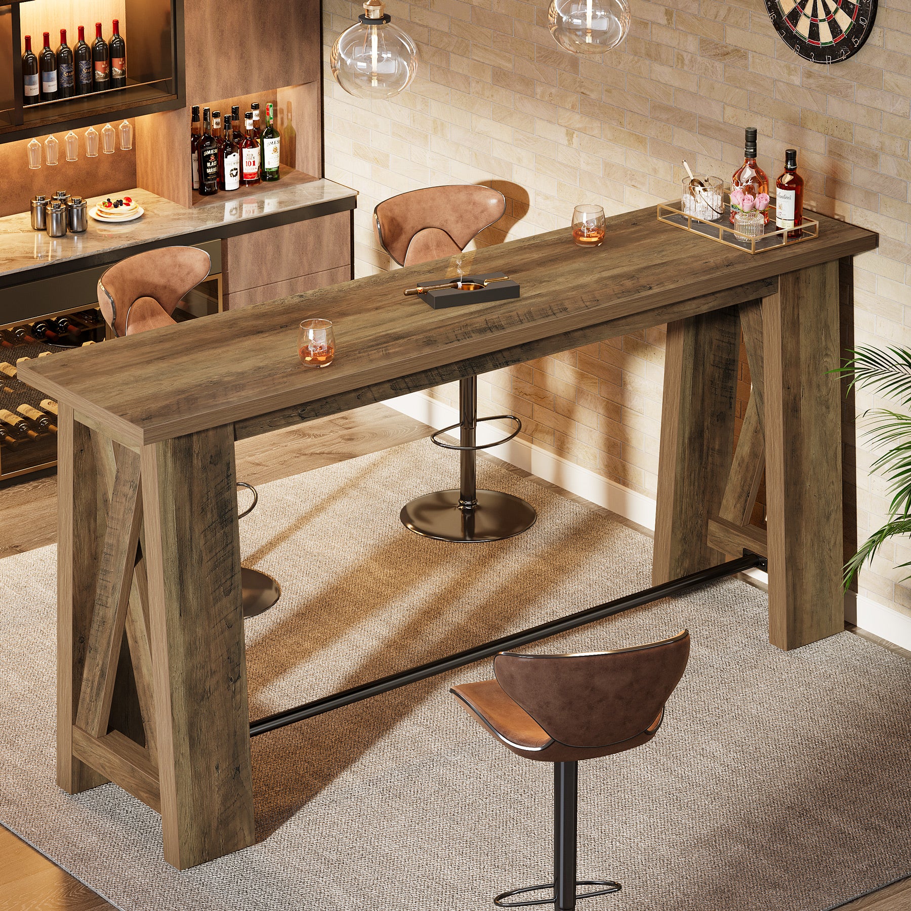 63" Bar Table, Rectangular Counter Height Pub Table with X-Frame Legs