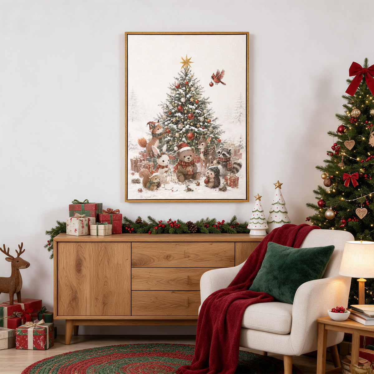 Watercolor Christmas Tree Wall Art, Red Velvet Bow, Rustic Farmhouse Framed Holiday Decor, Living Room
